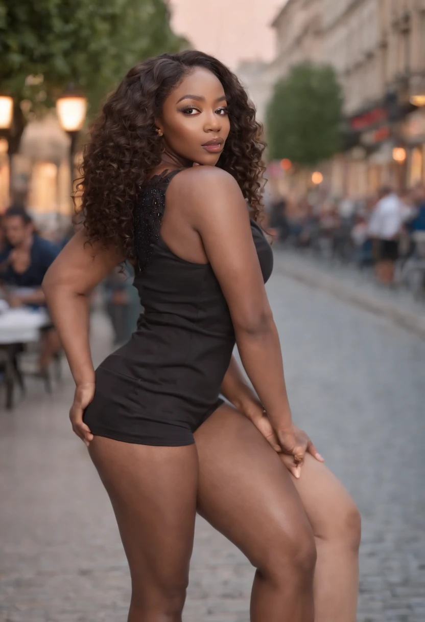 (Moesha budong)((Dark African skin, Very deep ebony skin)), ((Its beauty is undeniable)), ((cute excited face)), ((Hyper detailed perfect eyes,)), ((pose mignonne)), ((Langue sortie)), ((attirant )), sexy, (( Tight knit shirt, shorts courts sexy)), ((Afro curly African hair afro ponytail afro,)), (( peau)), ((debout, Vue de face)), ((Toucher ses propres jambes dans une pose sexy)), ((Dehors, Ville publique)), CGI ciblé, Fotorrealista, High detail, Realstic, Master part, Absurde, Best quality, Hdr, highly quality, high-definition, extremly detailed, 8k wallpaper, intricate high detail, 8K UHD, Full-HD, (photo realist:1.2), contraste, intense illumination, lighting cinematic, natural lighting, hard light, contre-jour, Illumination globale, occlusion ambiante, full body in nightclub