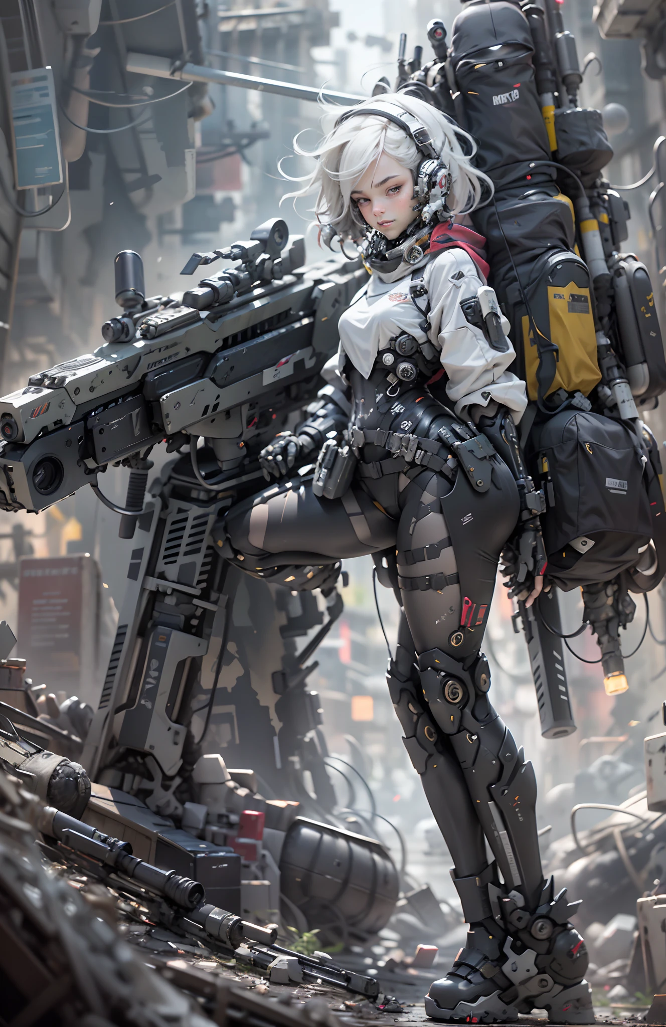 This is a hyper-detail、Ultra-high facial detail，High resolution and top quality CG Unity 8k wallpaper，The style is cyberpunk，high resolution,, Solo, Hips up,Mainly black and red。In the picture, a beautiful girl with short hair with white messy hair appears，s delicate face，Wearing a steam mech，standing on ruins，The action of a woman holding a heavy sniper rifle in her hand