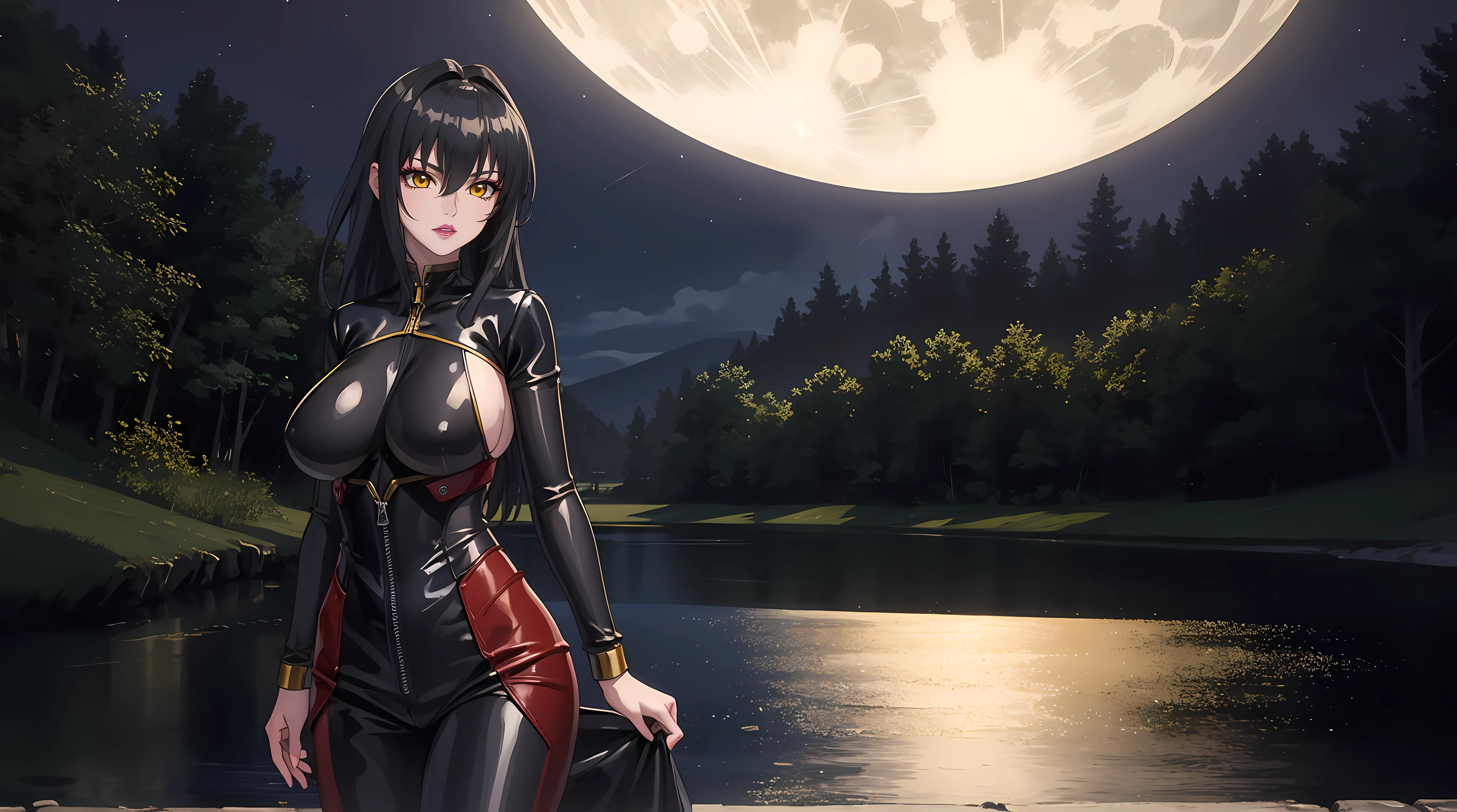 (masterpiece:1.4),(best quality:1.4),  soft lighting, moonlight, beautiful face, beautiful eyes, cowboy shot,
Annerose, 1girl, solo, female mature, black hair, long hair, (yellow eyes:1.4), large breasts, jumpsuit leather, skin tight, hair intakes, covered breasts, sideboob, exquisite eyes detail, exquisite character design unity details 8k hdr, professional art, landscape, (solo:1.5, cowboy shot:1.5), night, stand in the middle of lake surrounding by waterfall, sexy body, milf, 35 years old girl, big thighs, sexy waist