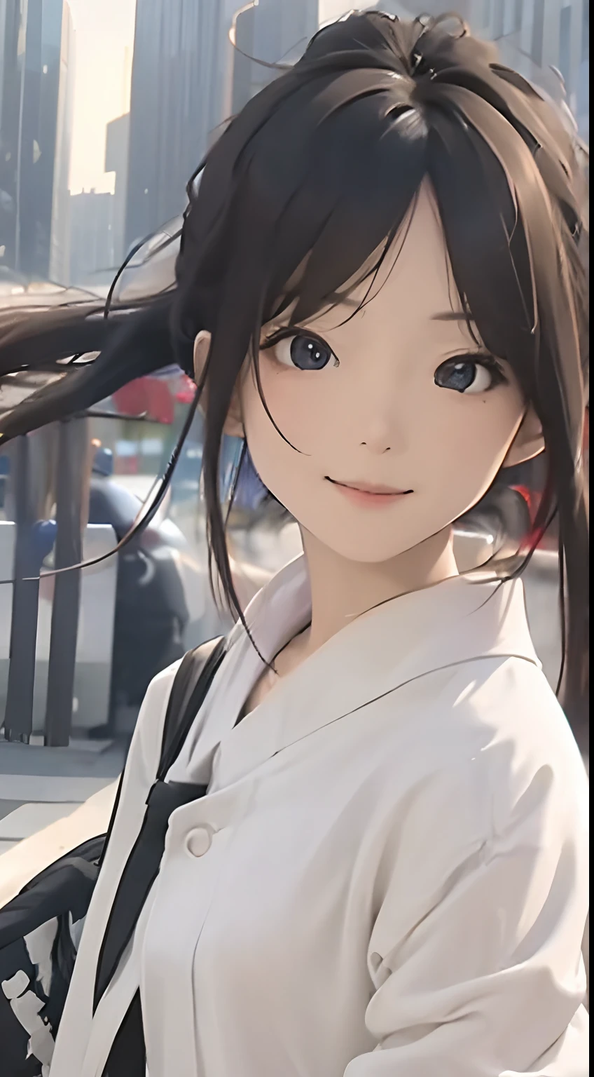 (upper body:1.4), white shirt, beautiful japanese girl, clean face, looking at viewer, smile, ultra-realistic, high resolution, new photo, sharp focus, ticker, face light, dynamic lighting, movie lighting, professional shadows, beautiful cityscape background, maximum detail, extremely detailed, ultra-detailed, fine details, real skin, delicate facial features, detailed face and eyes, sharp pupils, realistic pupils