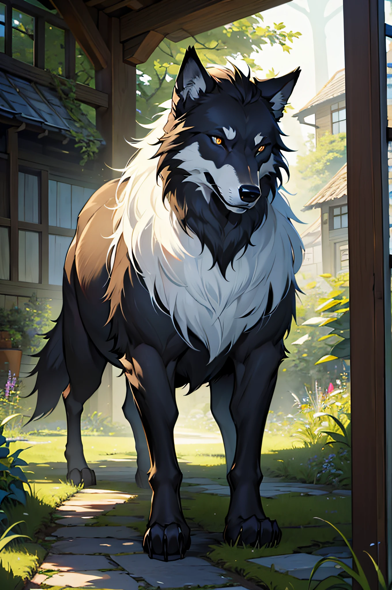 (absurdres, hight resolution, Ultra-detailliert), 1 male, Erwachsene, stattlich, big muscular guy, breite Schultern, fein detaillierte Augen, sehr langes, gebundenes Haar, schwarzes Haar, gewelltes Haar, Diamant, Schmuck, Garten,Wolf,Tiere, die den Mann umringen,full-body shot, Wald, portrait, (Weitwinkel), geschlossener Mund