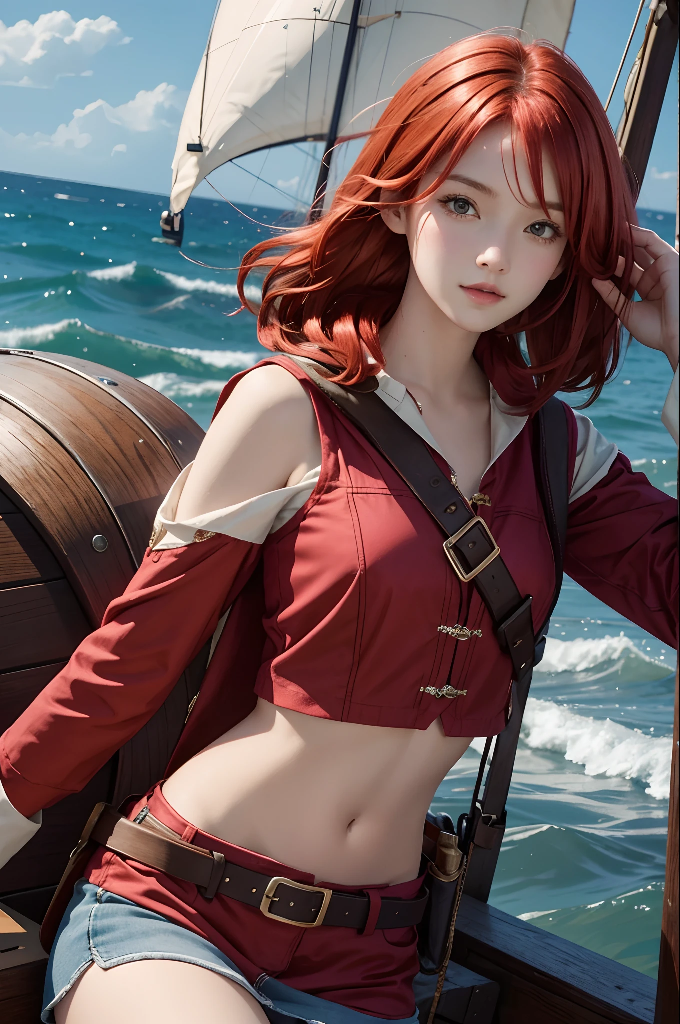 Portrait of Emily Udd, Nami, girls, Redhead, short red hair, On a pirate ship,