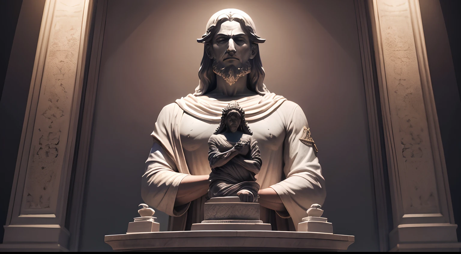 Stoic statue, with an expression of anger, usando manto e tunica longo sobre todo o corpo, rosto definido, Noite escura, fundo grego antigo do templo, 35 mm, lateralmente, Filmado em Sony A7S III com Sony FE 35mm f/1.8, 12.1 MP, --AR 3:2 --estilo cru