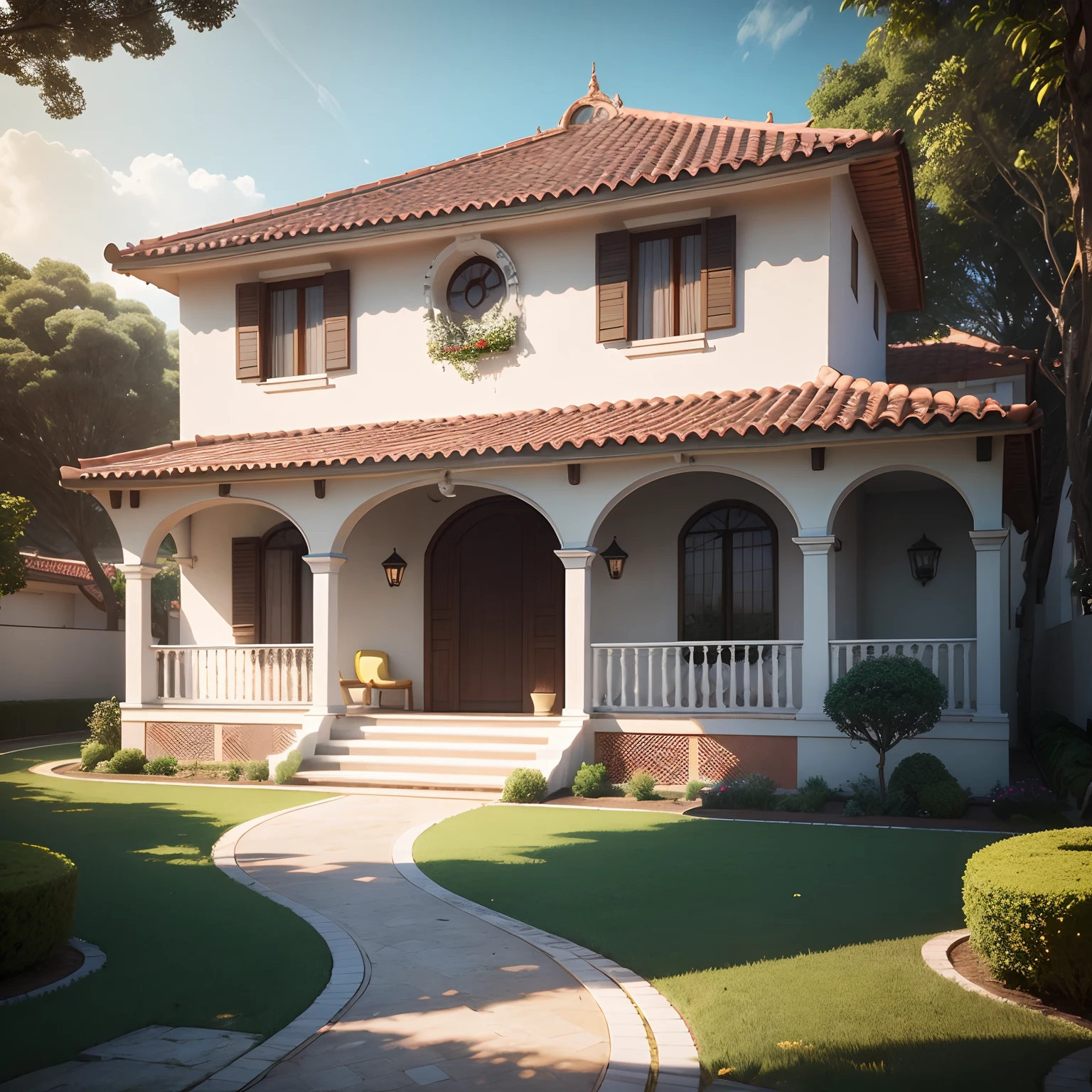 Casa de alvenaria, estilo escandinavo, telhado com telhas ceramicas portuguesas, no meio da floresta, renderizacao lumion pro, Jardinß Around, qualidade ci ematografica, iluminacao noturna