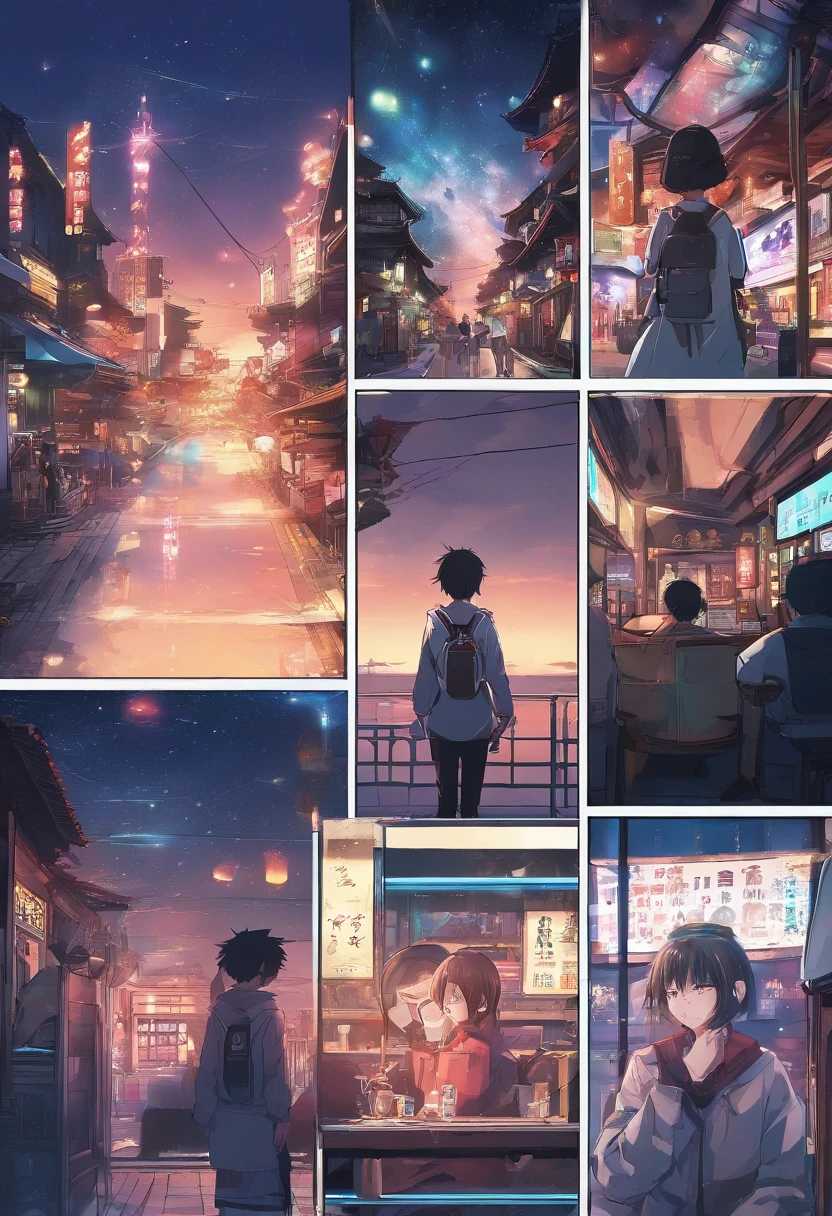 (((Comic storyboard))),(((Cartoon Split,4、5、6 tiles)))。comic strip,Two-dimensional picture,Manhwa Style,Makoto Shinkai animation style,Makoto Shinkai animation film art style,Ultra-wide angle of view,China-style,a town with beautiful scenery,Faraway view,Vivid and bright colors,super-fine,ultra - detailed,high qulity,8K ,oc rendered,dynamic viewing angle,Hyper Real,Ultra photo realsisim