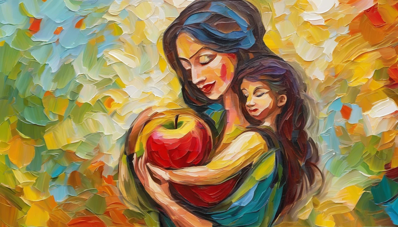 Impasto Oil painting , matt color grading, the apple seller, she walked with her child in her arms, raining,