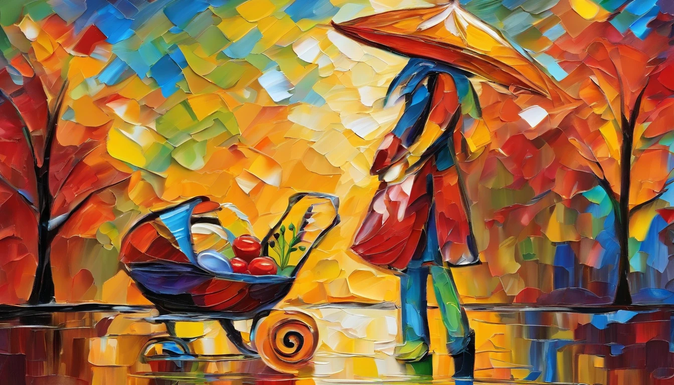 Impasto Oil painting , matt color grading, the apple seller, she walked with her child in her arms, raining,