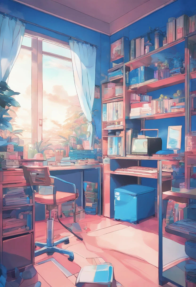 Anime background boy room blue ??? of the 90s, ring lighting, Cinematics, 8K, Fotorrealista, atmosphere