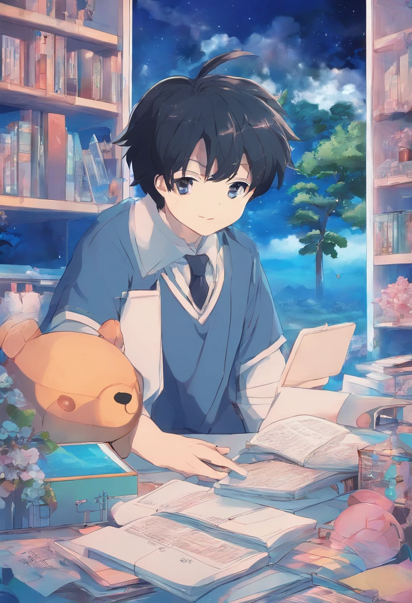 Anime background boy room blue ??? of the 90s, ring lighting, Cinematics, 8K, Fotorrealista, atmosphere