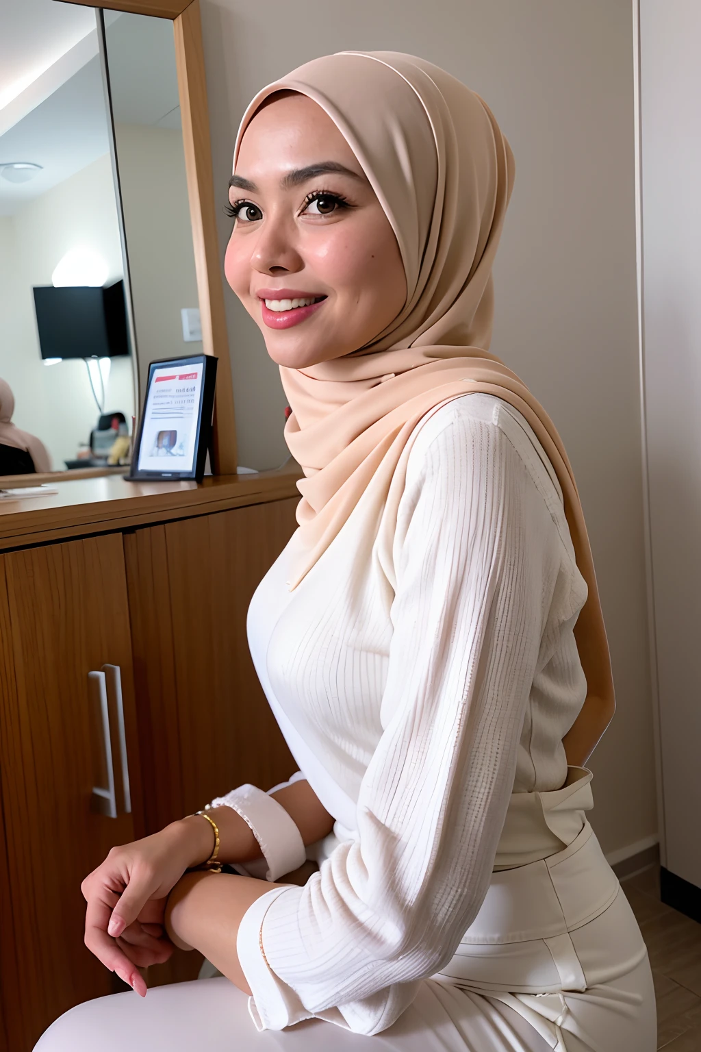 1 malay girl , modern plain cream hijab, smile, medium portrait shot , watery eyes , wear white big oversized tshirt and cream high waist pants, white modern hotel bedroom background, bright front light, breast grab pose,