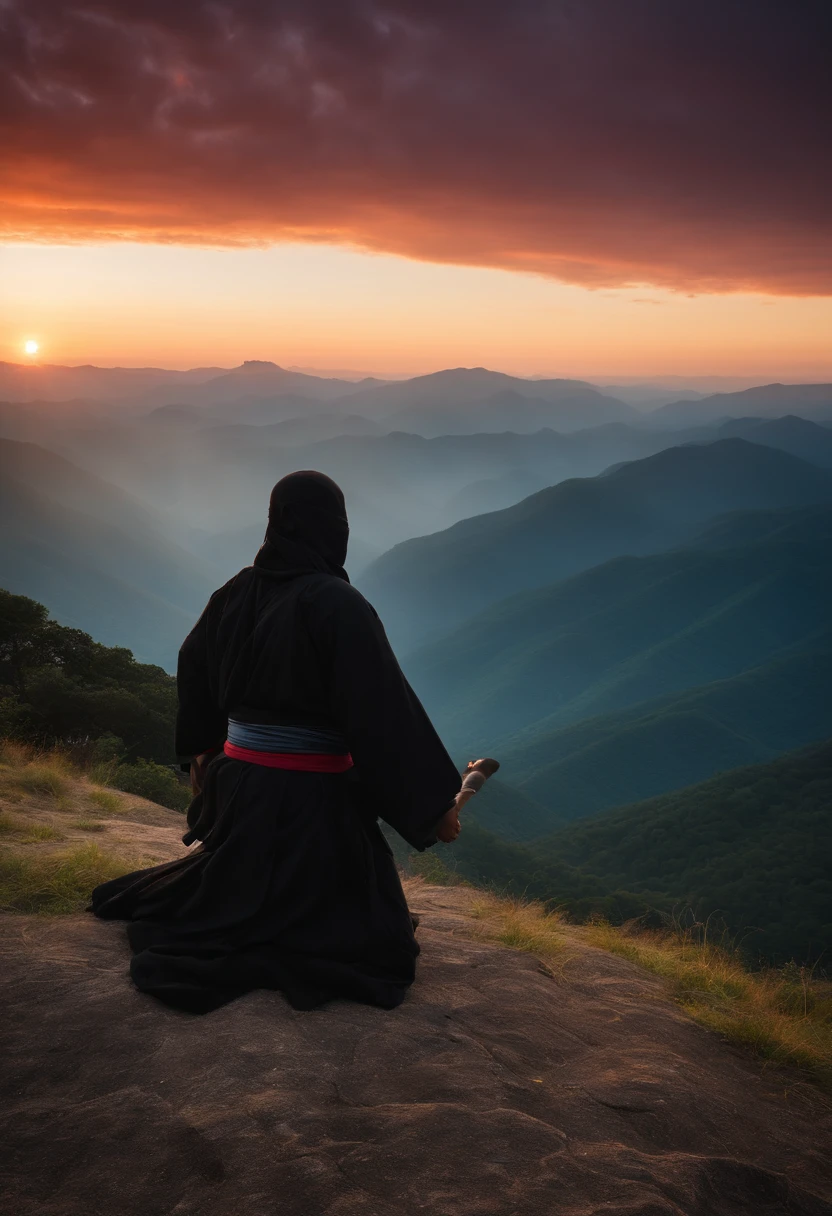 ninja de frente, meditando no topo da montanha, espada, roupa preta, Sunrise behind the ninja, hiper realismo