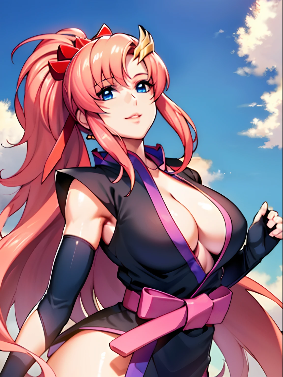 (masterpiece, 4K, Best Quality, Anime style: 1.9, tall, adult Woman, ultra detailed face, (cloud background), Drawing lines, high resolution, Anime, lacus4), 1girl, Solo, curvy figure, Long hair, 鎖骨, scapular, (Detailed wide hair bangs, Hair Ornament, long hair, Detailed reddish-pink hair, golden crest, high ponytail, red ribbon), cleavage, large hands, (female wrestler). (Big blue eyes, shiny eyes), ((pro female wrestler, little biceps, slender body, broad shoulders, closed fists)), ((perfect proportions, bigbreasts, perky breasts, long belly, )), (((kimono only, long gloves))), happy, tilt head, smile, open mouth, (standing, looking up, talking to the viewer), stretching, (), (elegant lady)