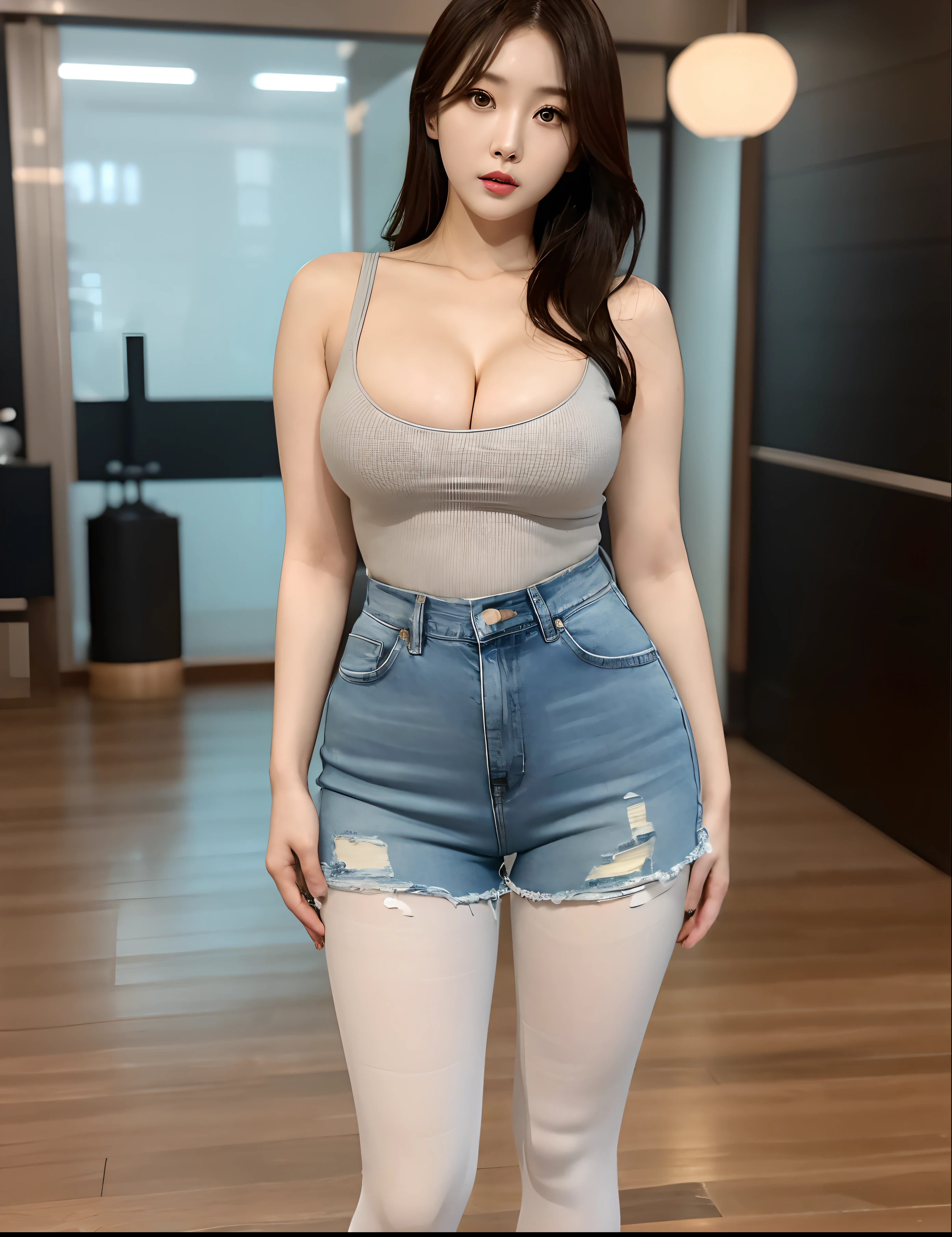 Min ji-oh, Korean actress, (full body shot:1.4), wearing casual clothes, body shaping denim shorts, black pantyhose, thick thighs thin waist, plumb ass, extremely detailed face and eyes, dynamic pose, dynamic shadows, 4k, absurdes, extremely detailed face and eyes