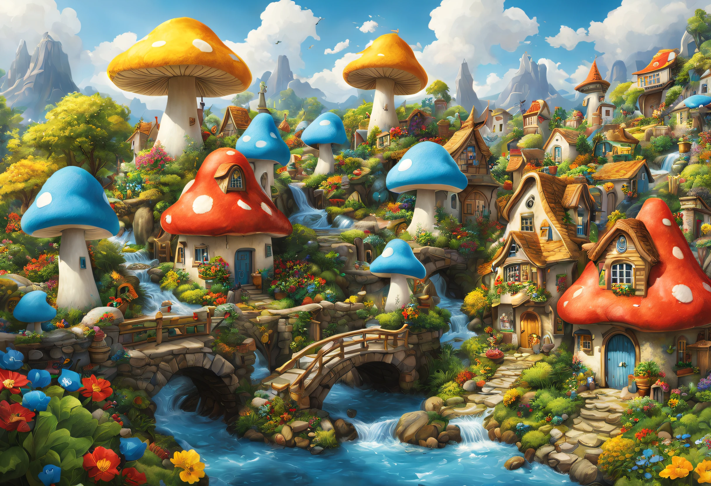 A smurf city, vividly depicted in the artwork (best quality, 4k, high resolution, masterpiece: 1.2), with ultra-detailed features (realistic, photorealistic: 1.37). The city is made of vibrant colors and is bathed in warm sunlight, creating a cheerful and whimsical atmosphere. The houses are designed with extreme attention to detail, with intricate designs and unique architecture, resembling mushroom-shaped houses. The city is surrounded by lush greenery and colorful flowers, enhancing the enchanting and magical surroundings. A Smurf, and Smurfette are portrayed with beautiful detailed eyes, charming smiles, and uniquely colored hats. They are dedicated to picking flowers. The artwork exhibits an illustrative style medium, inspired by children's book illustrations, ensuring a charming and nostalgic touch. The color palette is made up of vibrant blues, greens and yellows, evoking a feeling of joy and playfulness. The lighting accentuates the picturesque scenes, casting soft, warm shadows that add depth and warmth to the artwork. Every detail is impeccably rendered, creating a visually stunning masterpiece that captures the essence of the Smurf town.
