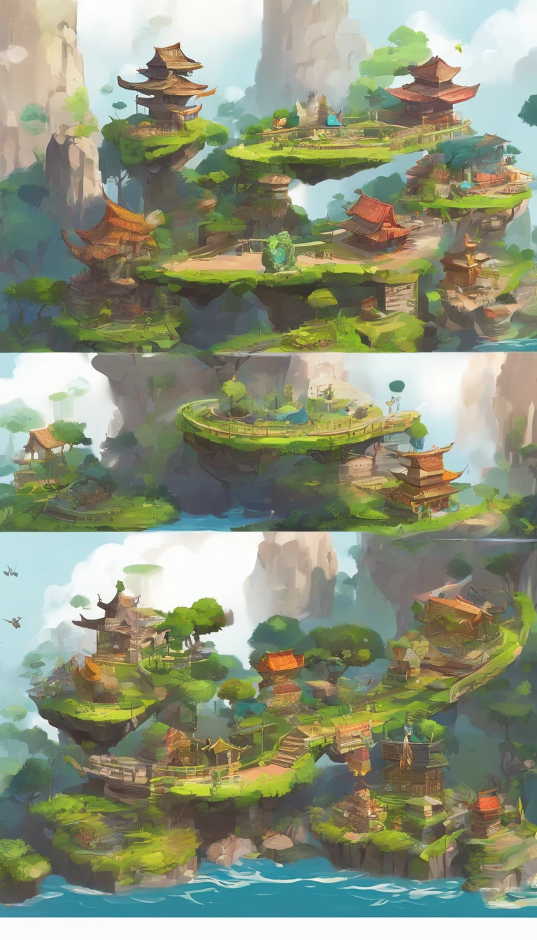 miniatures,Super Cute Clay World, See the isometric projection of the city ,Game Architecture Design, Cartoonish,Bamboo hut，The plant is matched to the building，Casual game style, Plant construction,..3D, mixer，Close-up cleavage，tmasterpiece，Super detailing，best qualtiy