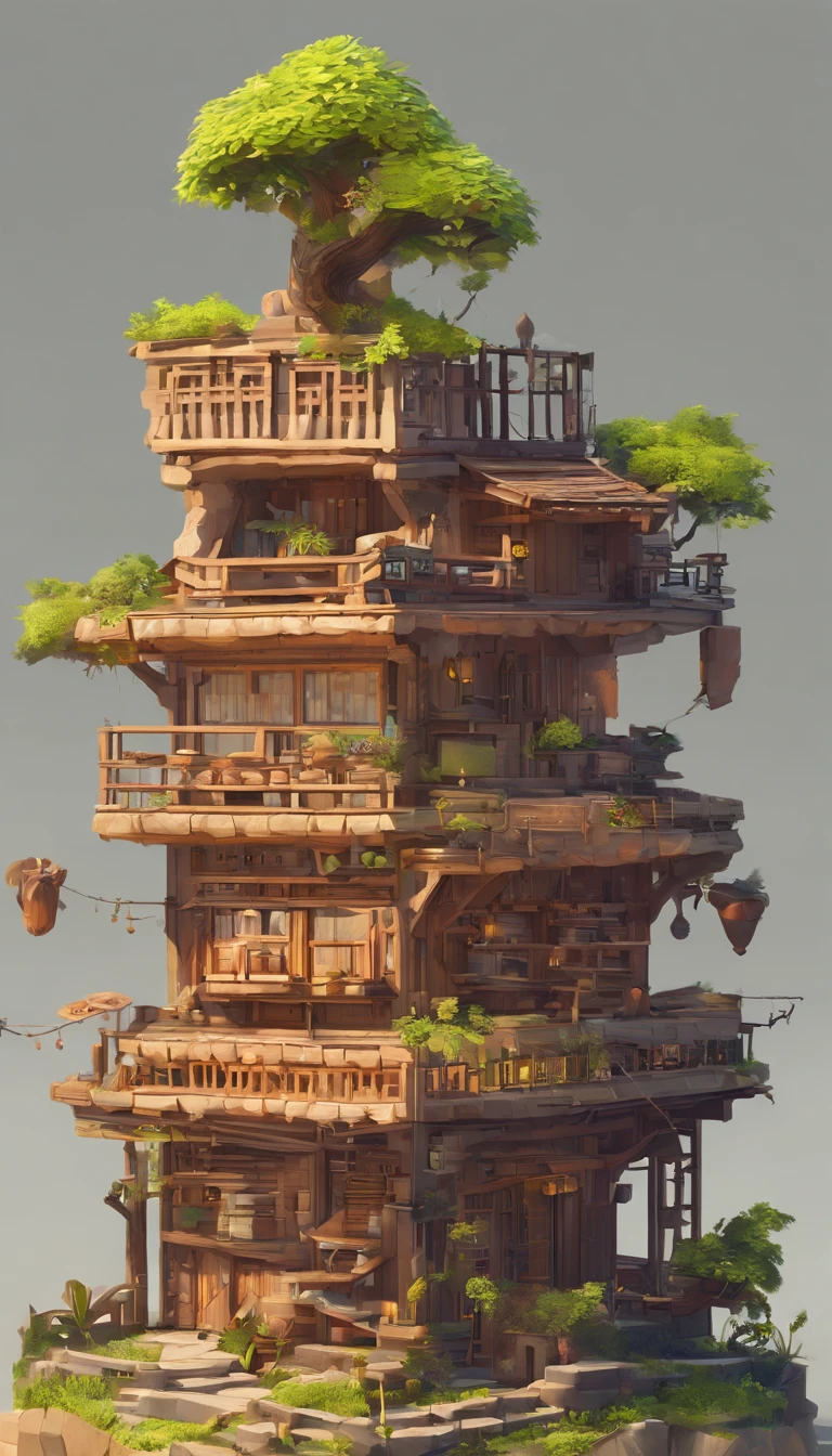 miniatures,Super Cute Clay World, See the isometric projection of the city ,Game Architecture Design, Cartoonish,Bamboo hut,The plant is matched to the building,Casual game style, Plant construction,..3D, mixer,Close-up cleavage,tmasterpiece,Super detailing,best qualtiy
