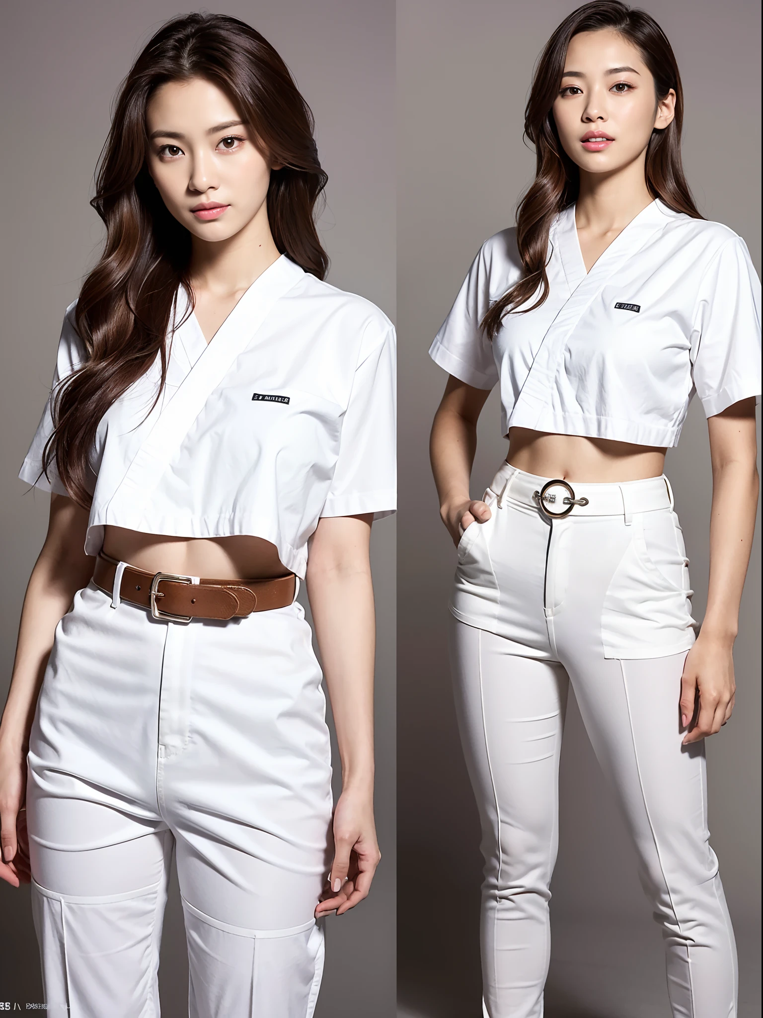 (Photorealsitic)(sixteen years old), Beautuful Women, (8K Beauty Full Body Portrait), Colossal tits,Stand alone, White karate uniform with no stomach visible, White Hand Belt, White karate pants, Perfect facial detail, attractive beautiful face, 二重まぶた, Beautiful detailed eyes, long eyeslashes, (Smile: 1.15), ligh brown hair, Hair that does not fall on the shoulders, TOKYOcty,1 female, Toned waist, Beautiful thin legs, toned ankles, bare-legged ,