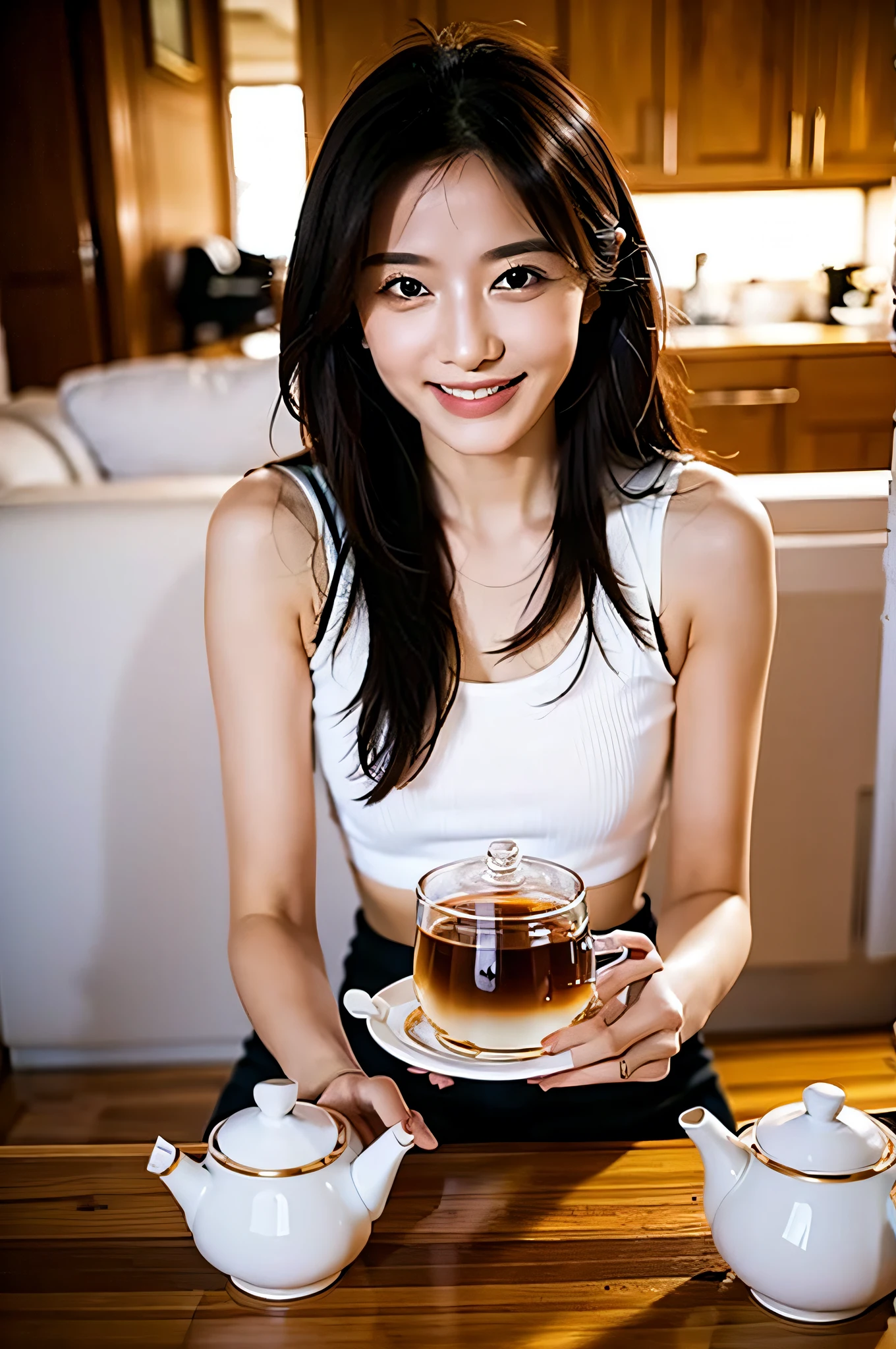 Smiling and drinking tea