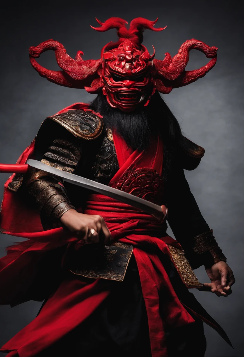 a red ninja with a Japanese oni mask, com uma roupa preta, menacingly