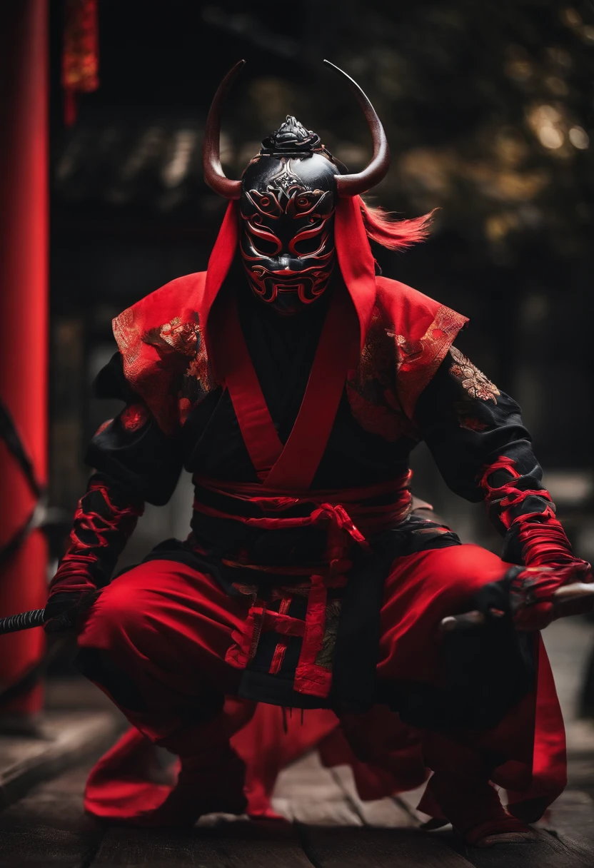 a red ninja with a Japanese oni mask, com uma roupa preta, menacingly
