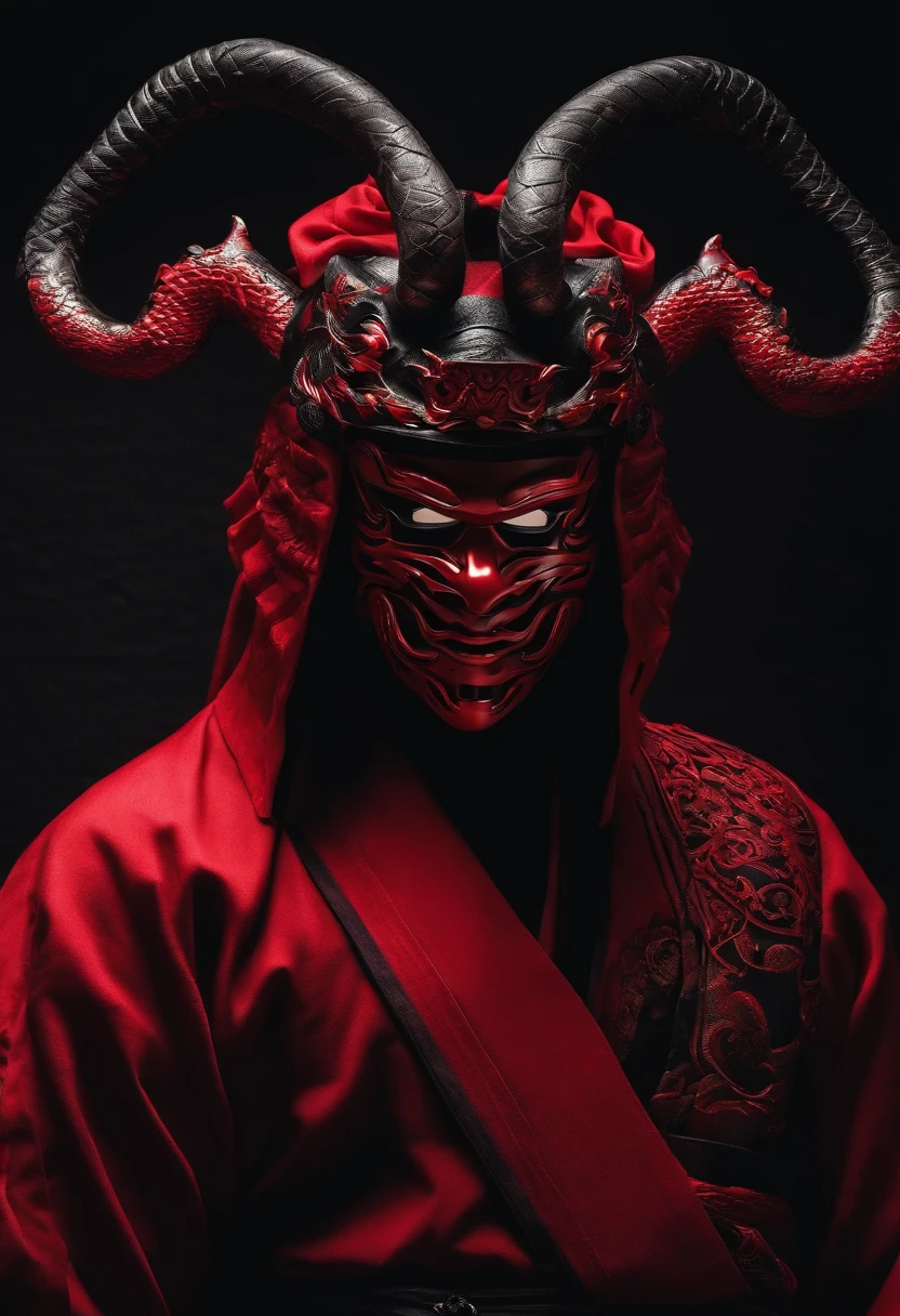 a red ninja with a Japanese oni mask, com uma roupa preta, menacingly