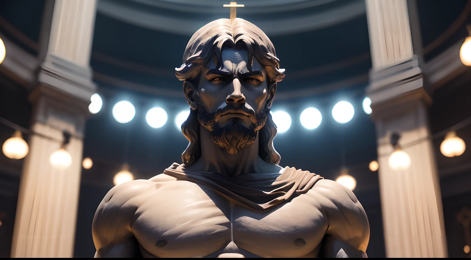 Strong Stoic statue, with an expression of anger, in the open air, Contrastado, digital, na noite escura, fundo grego antigo do templo, 35 mm, lateralmente, Filmado em Sony A7S III com Sony FE 35mm f/1.8, 12.1 MP, --AR 3:2 --estilo cru