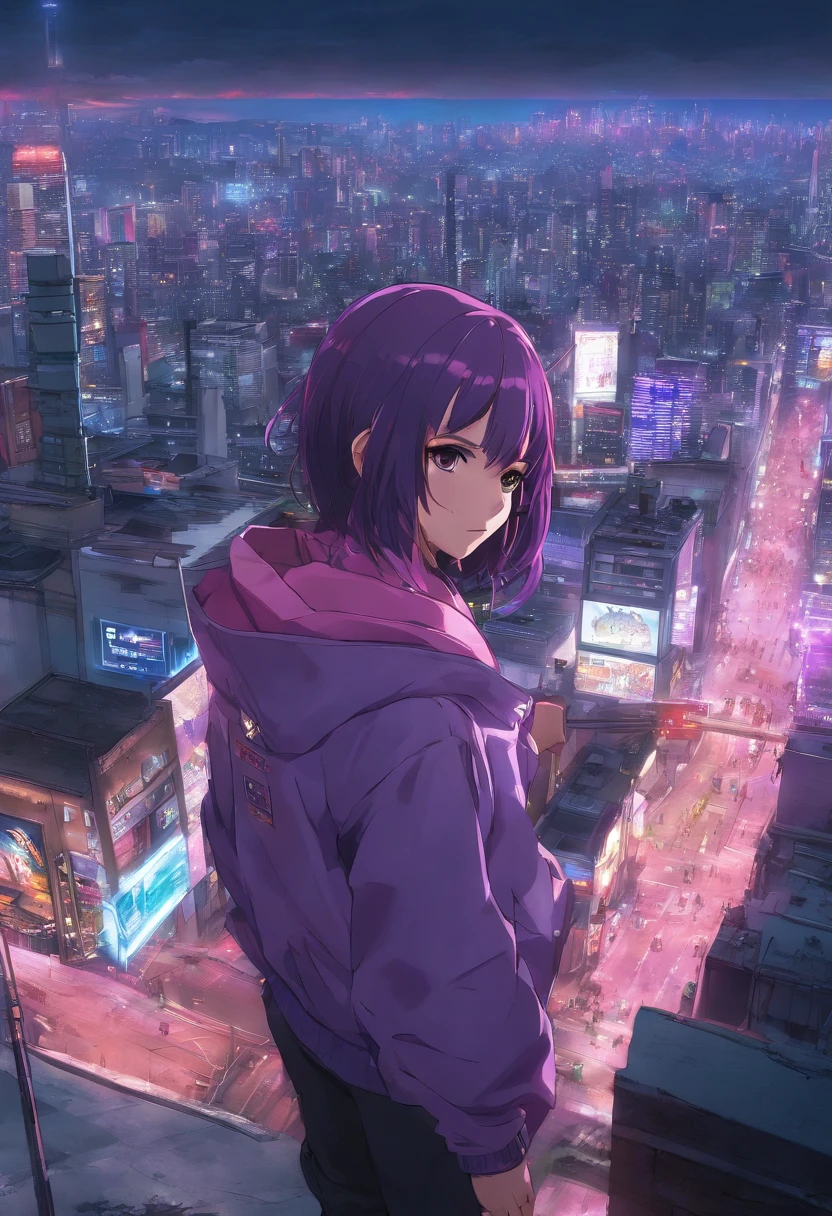 Close-up of the city with neon sunset in the background, Synthwave City, vaporwave city, Synthwave aesthetics, Neon City in the background, Background of Neo Tokyo, Neon metropolis in the background, Futuristic urban background, cyberpunk aesthetics, The city's backstory is cyberpunk, Purple Cyberpunk City, cyberpunk city background, cyberpunk aesthetics, cyberpunk atmosphere, Cyberpunk cityscape,anime clouds, Anime background, anime sky, in style of makoto shinkai, Beautiful puffy clouds. the anime, style of makoto shinkai, makoto sinkai!, beautiful anime scenery, based on Makoto Shinkai, Anime Landscape Wallpaper, makoto sinkai!!, Makoto Shinkai art style,japanaese girl,pale skin,beatiful face(purple hair)red jacket,Tokyo at night, with Cyberpunk style,Japanese streetwear,Tokyo Fashion,In a Cyberpunk 2 jacket 0 7 7,Full-length,attractive pose,Bottom view