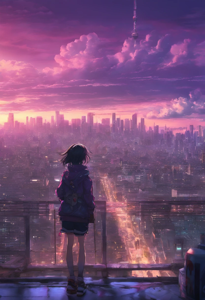 Close-up of the city with neon sunset in the background, Synthwave City, vaporwave city, Synthwave aesthetics, Neon City in the background, Background of Neo Tokyo, Neon metropolis in the background, Futuristic urban background, cyberpunk aesthetics, The city's backstory is cyberpunk, Purple Cyberpunk City, cyberpunk city background, cyberpunk aesthetics, cyberpunk atmosphere, Cyberpunk cityscape,anime clouds, Anime background, anime sky, in style of makoto shinkai, Beautiful puffy clouds. the anime, style of makoto shinkai, makoto sinkai!, beautiful anime scenery, based on Makoto Shinkai, Anime Landscape Wallpaper, makoto sinkai!!, Makoto Shinkai art style,japanaese girl,pale skin,beatiful face(purple hair)red jacket,Tokyo at night, with Cyberpunk style,Japanese streetwear,Tokyo Fashion,In a Cyberpunk 2 jacket 0 7 7,Full-length,attractive pose,Bottom view