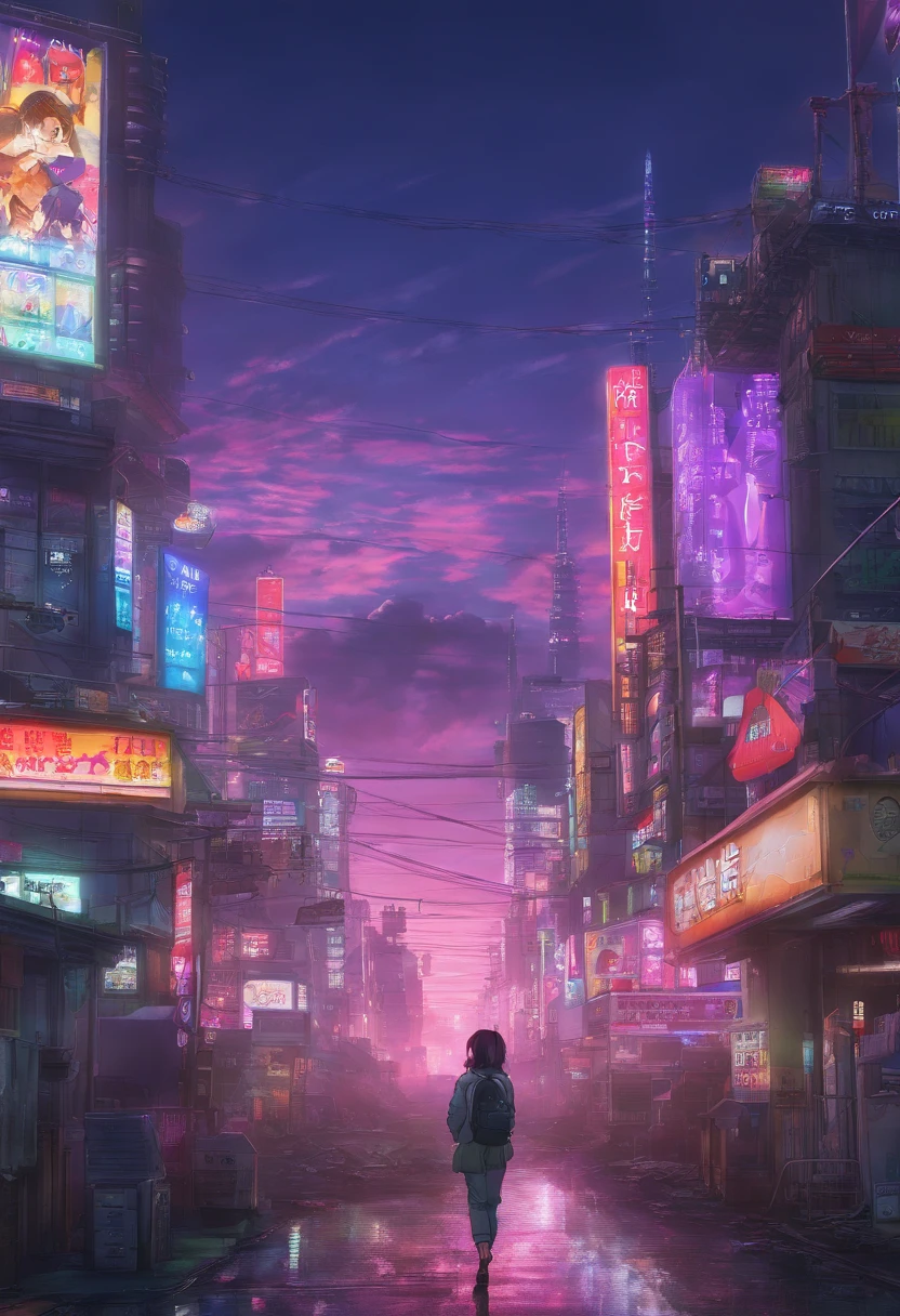 Close-up of the city with neon sunset in the background, Synthwave City, vaporwave city, Synthwave aesthetics, Neon City in the background, Background of Neo Tokyo, Neon metropolis in the background, Futuristic urban background, cyberpunk aesthetics, The city's backstory is cyberpunk, Purple Cyberpunk City, cyberpunk city background, cyberpunk aesthetics, cyberpunk atmosphere, Cyberpunk cityscape,anime clouds, Anime background, anime sky, in style of makoto shinkai, Beautiful puffy clouds. the anime, style of makoto shinkai, makoto sinkai!, beautiful anime scenery, based on Makoto Shinkai, Anime Landscape Wallpaper, makoto sinkai!!, Makoto Shinkai art style,japanaese girl,pale skin,beatiful face(purple hair)red jacket,Tokyo at night, with Cyberpunk style,Japanese streetwear,Tokyo Fashion,In a Cyberpunk 2 jacket 0 7 7,Full-length,attractive pose,Bottom view