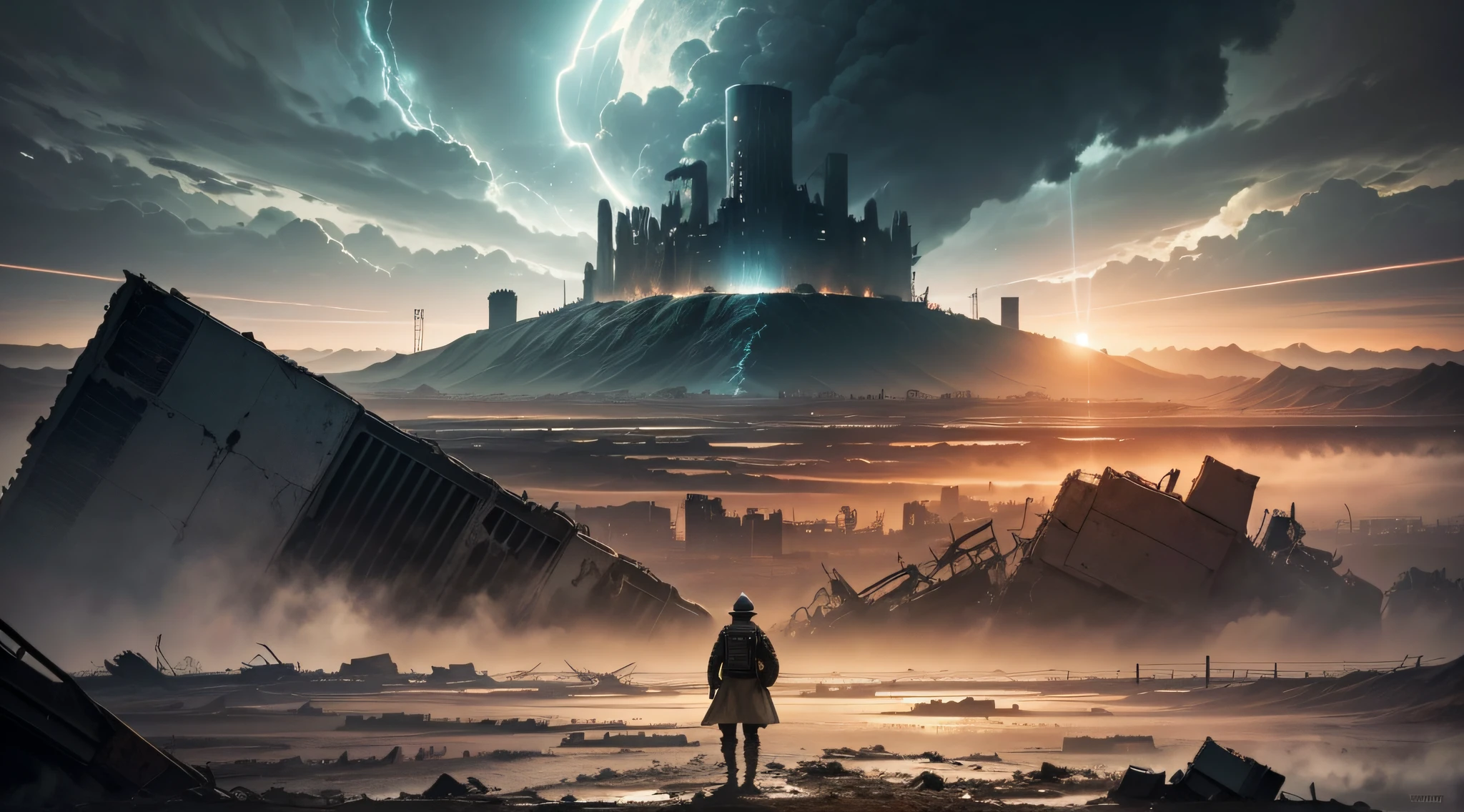 Alone soldier WWI looking to the horizon, solid background, Mapa mental: Desolate post-apocalyptic landscape ## Description - Haunting and thought-provoking image of the end of the world - Depicts a desolate, Post-apocalyptic landscape - Ruined cities, terra arrasada, and the sky of foreboding - Remnants of human civilization in ruins - Nature reclaiming the earth - Subtle details that suggest the causes of the apocalypse - Conveys a sense of despair - Leaves room for a glimmer of hope or resilience ## Elements - Desolate landscape - Ruined cities - Scorched earth - Heaven of bad omen - Ruins of human civilization - Nature reclaiming the earth - Subtle details suggesting causes - Feeling of despair - Glimpse of hope or resilience ## Causes of Apocalypse - Environmental Disaster - War - Catastrophic Space Event ## Emotions -Fear -Fear -Contemplation - Fragility of our world - Consequences of our actions