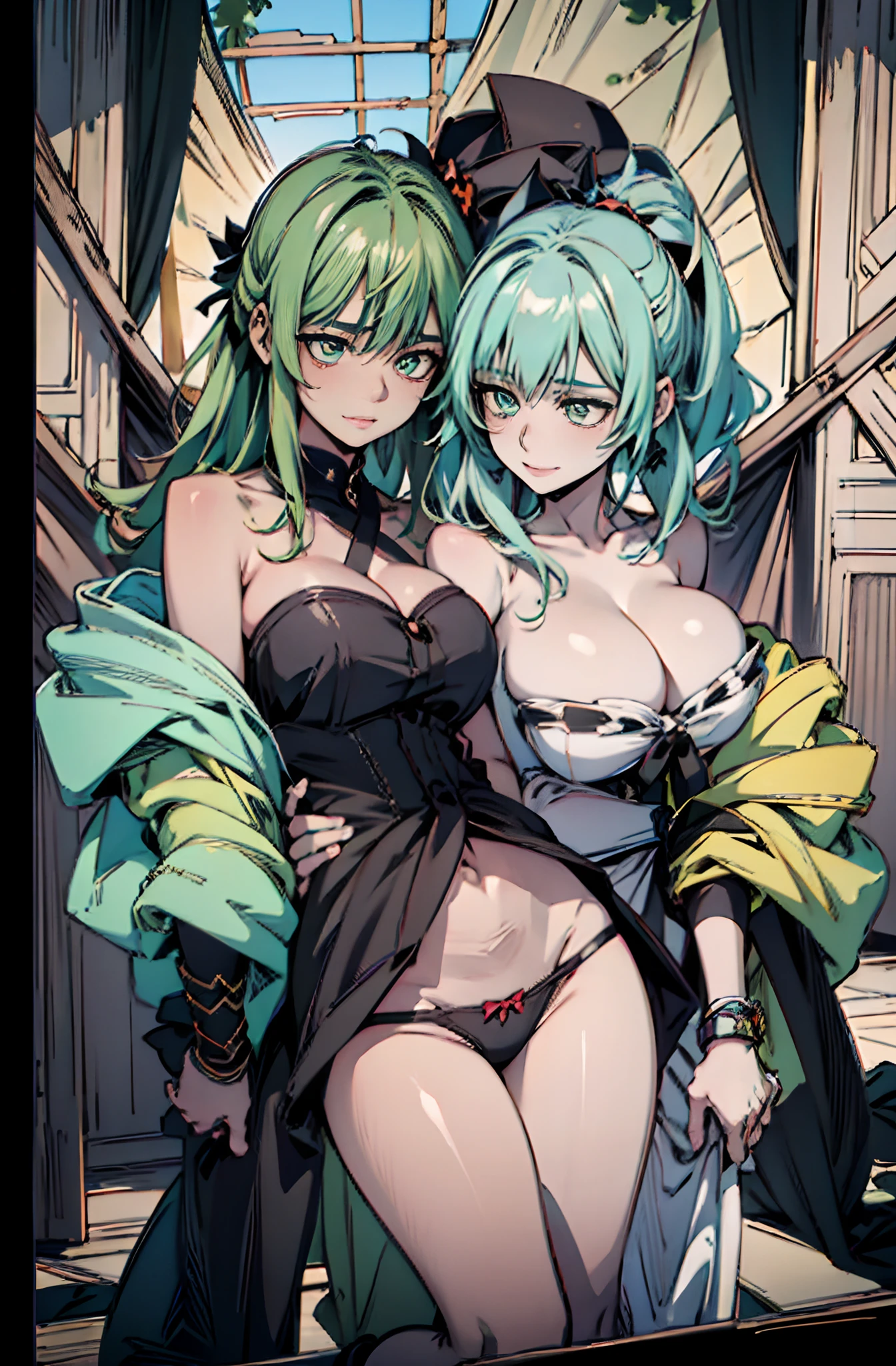 Pure sky,Plump legs,Green gem setting,Anime girl standing gracefully on the ground,Black cape and green hair, rogue anime girl, Anime girl standing, Wearing a cloak on the blasted plain, asuka suit under clothes!, Cyborg girl, badass posture, mechanic punk outfit, anime styled 3d, render of a cute 3d anime girl, gapmoe yandere grimdark, Female character,musculature,Abs,Glowing green eyes,Black hair with green gradient,extra very long hair,Bunched hair,Dull hair,(Muscle 2.0),Tomboyish,Be red in the face,looking at viewert,Elaborate Eyes,huge tit,1.5,ssmile,Openwork black silk,Straight big breasts,strappy,Black cutout miniskirt,White bandeau,High-fork panties,Toothless smile,Lower breast,Mechanical wind,There are no cities,Side breasts,Excitation,Top crotch,Sexy lower abdomen,Camel toes,Sexy underarms,See panties,lilie