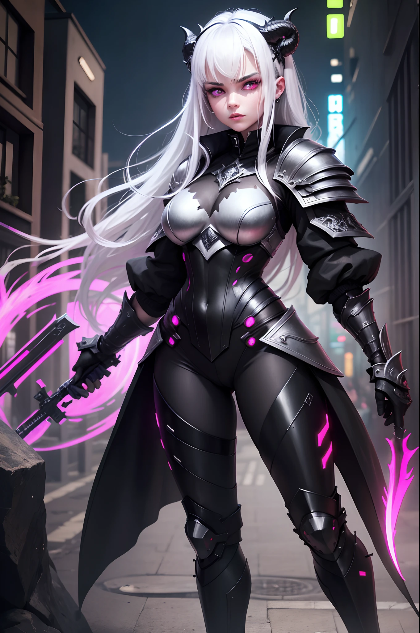 Frauen, Gesicht, White hair, Armor of the Black Dragon, Maske, Rote Augen, High quality, super detailliert, Super Holy Armor, vorderseite, Helles Bild, vorderseite, 4 Drachenflügel, mehr vorne, black armor, Roter-Kupfer Verzierung, Cyberpunk, Neon, metallisch, fullbody view
