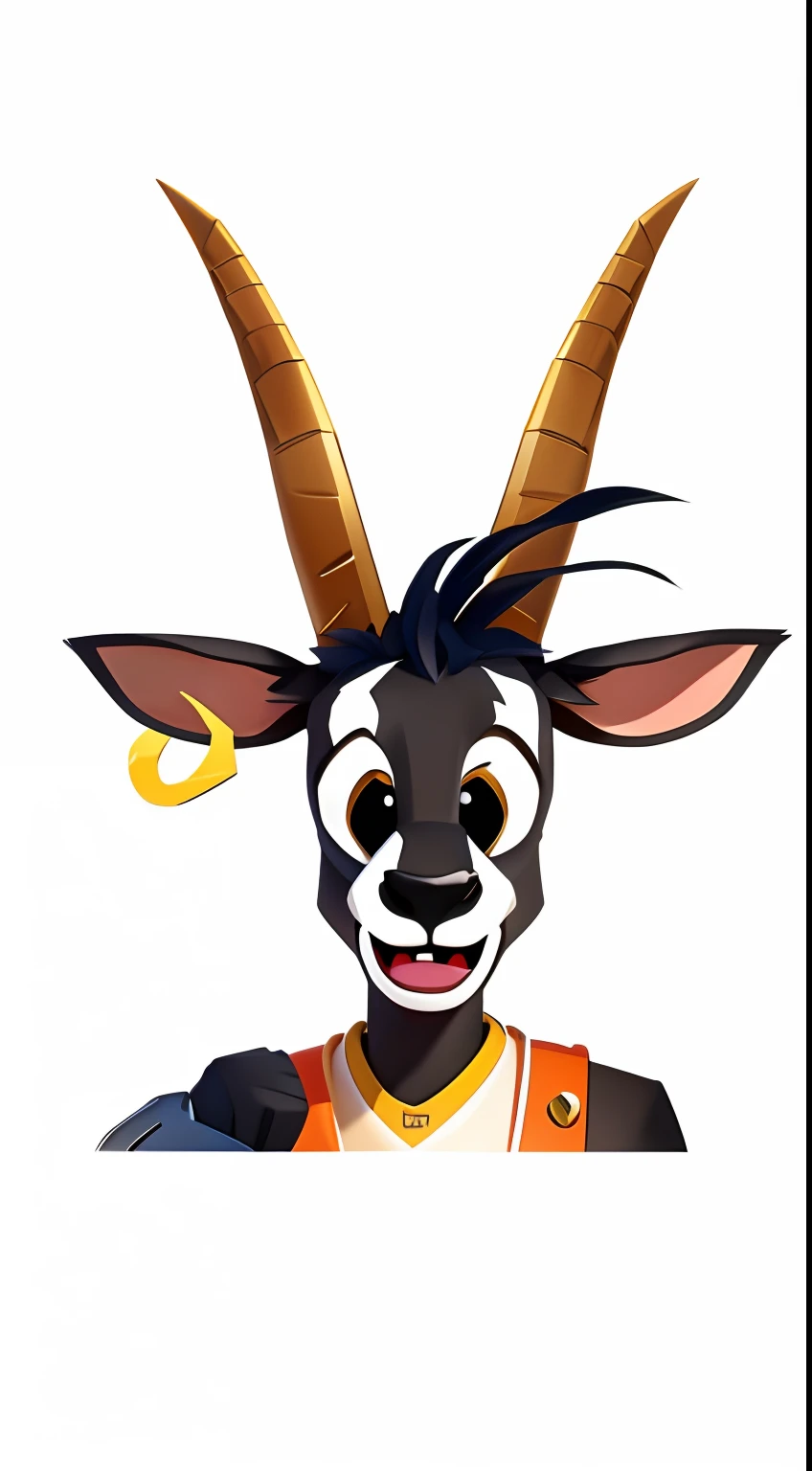 There is a goat with a fake face and a fake ring on its head, Mascot illustration, mascote da equipe esportiva, como um personagem de fortnite, arte oficial do personagem, Personagem Antasy, Arte Oficial, com chifres, mascote esportivo, Rabbt_character, Dunkey do videogame, official character illustration, an anthropomorphic deer, mascote de corpo inteiro, Como um personagem de Overwatch