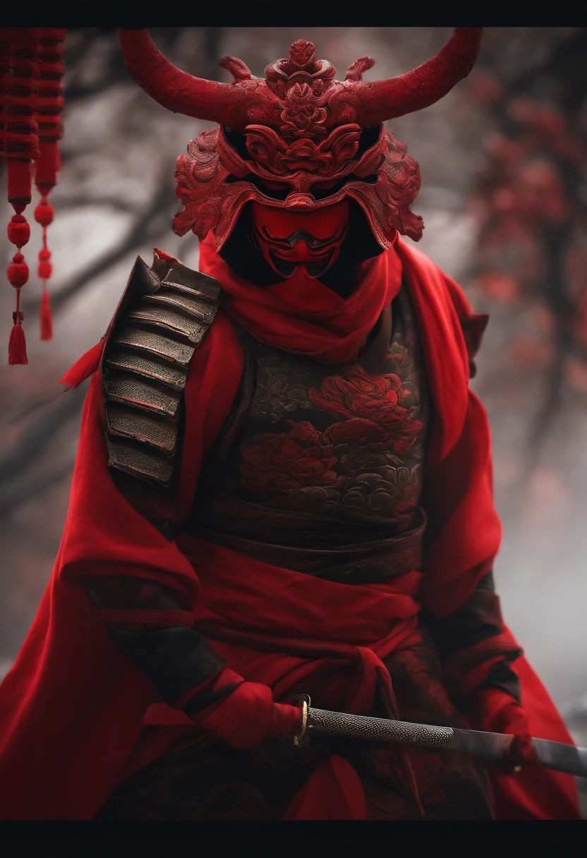 a red ninja with a Japanese oni mask, com uma roupa preta, menacingly