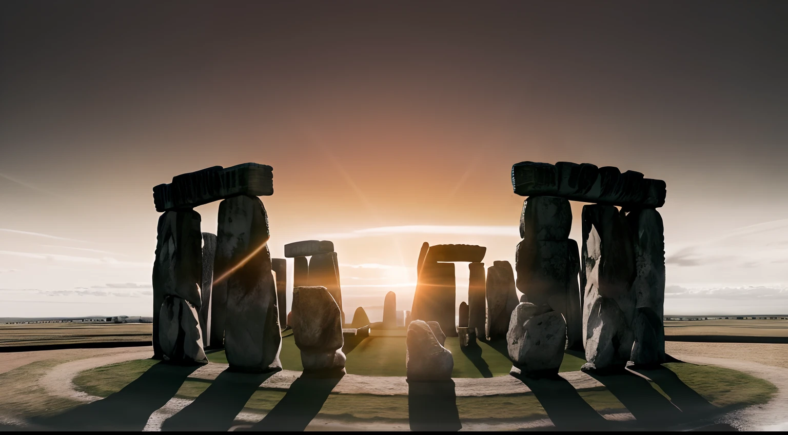 Stonehenge is a megalithic monument consisting of a set of concentric circular structures, built in five major stages, between 3000 and 1100 BC, from the Neolithic to the Bronze Age. (Cinematic lighting, 16k, Best quality, Hdr, Best resolution, centerpiece: 1.2) , Bokeh, Realistic photography, Canon 5d4