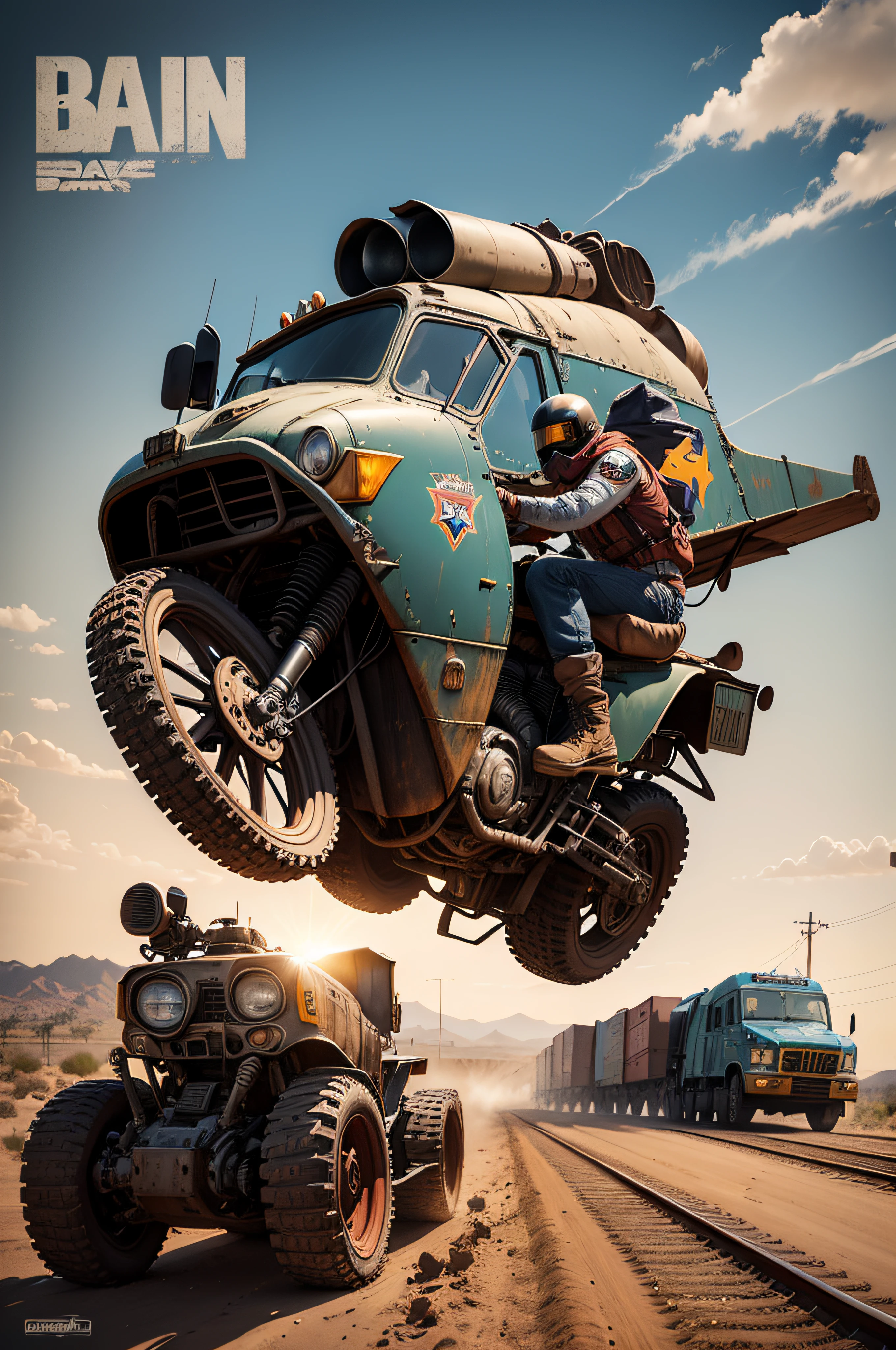 tema comic book poster no formato americano, bem diagramado em tiras de quadrinhos, corrida entre gangs numa estrada do deserto do Arizona, carros no estilo cyberpunk enfeitados com correntes, sucata de tratores escadeiras, iron train scrap fairing trucks, other format vehicles with scraps of old airplane, rodas cravejadas com material cortante, cada cena distribuidas cronologicamente como comics book, Quality 300 DPI Graphic, obra-prima melhor qualidade, 16k, better graphics resolution, qualidade Marvel, DC Comics, Pixar, Disney