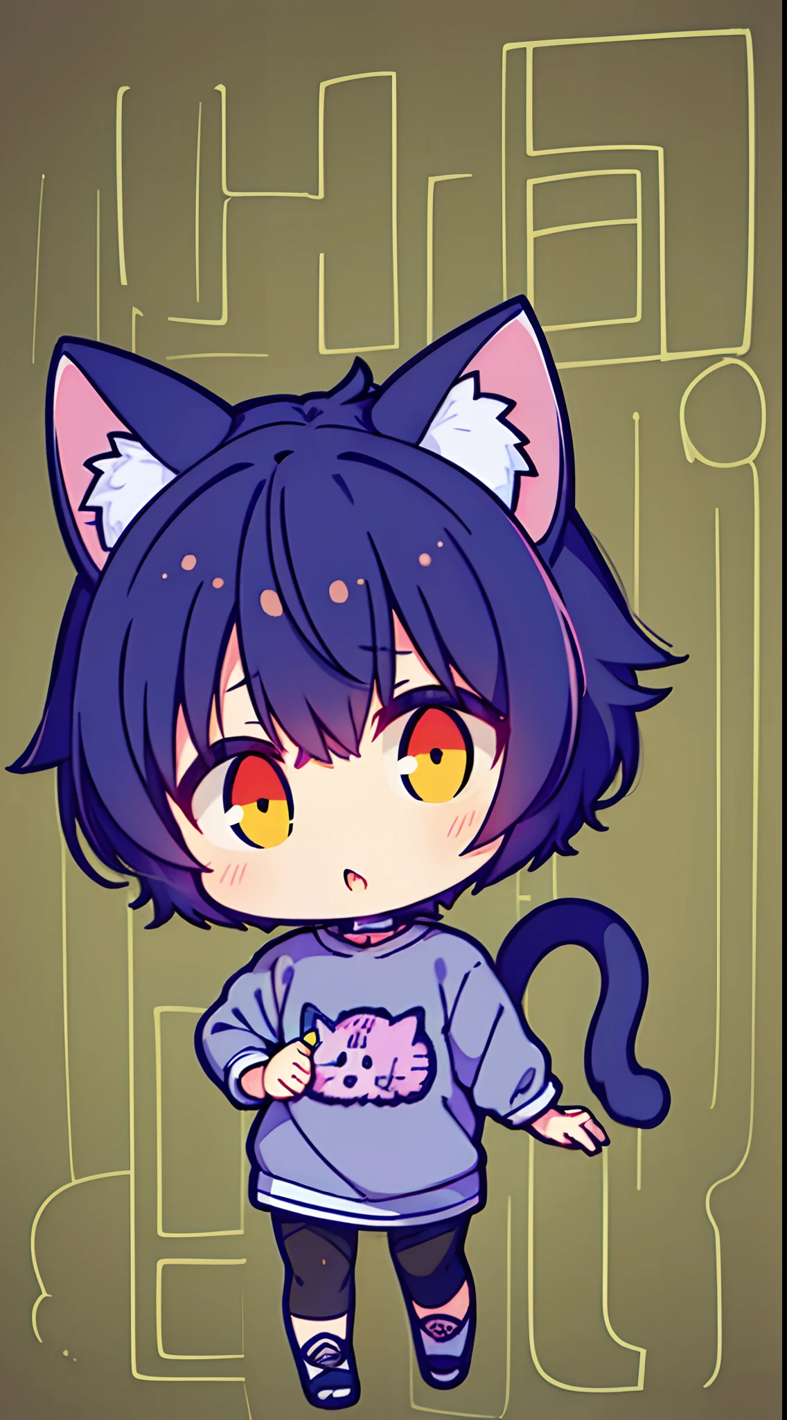 (Best Quality,4K,High resolution), Cats with human characteristics, Cat ears, Cat Ear Headphones, Purple hair Short hair, Big detailed eyes, Sharp detailed eyes, cold stare,tchibi, Cat tail, Comical illustration, Vibrant color palette, Colorful, Comical appearance, Cute,action,buttle