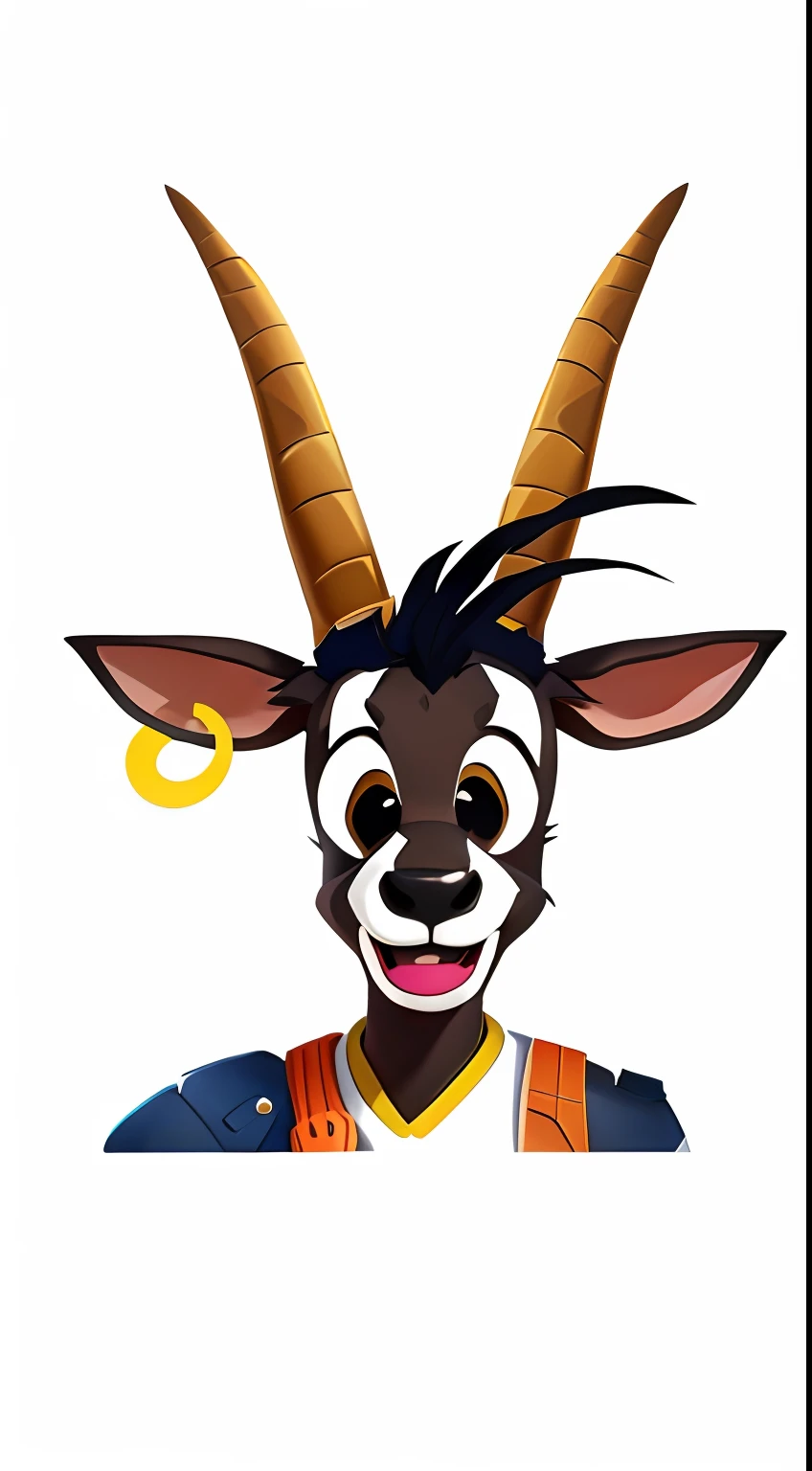 There is a goat with a fake face and a fake ring on its head, Mascot illustration, mascote da equipe esportiva, como um personagem de fortnite, arte oficial do personagem, Personagem Antasy, Arte Oficial, com chifres, mascote esportivo, Rabbt_character, Dunkey do videogame, official character illustration, an anthropomorphic deer, mascote de corpo inteiro, Como um personagem de Overwatch