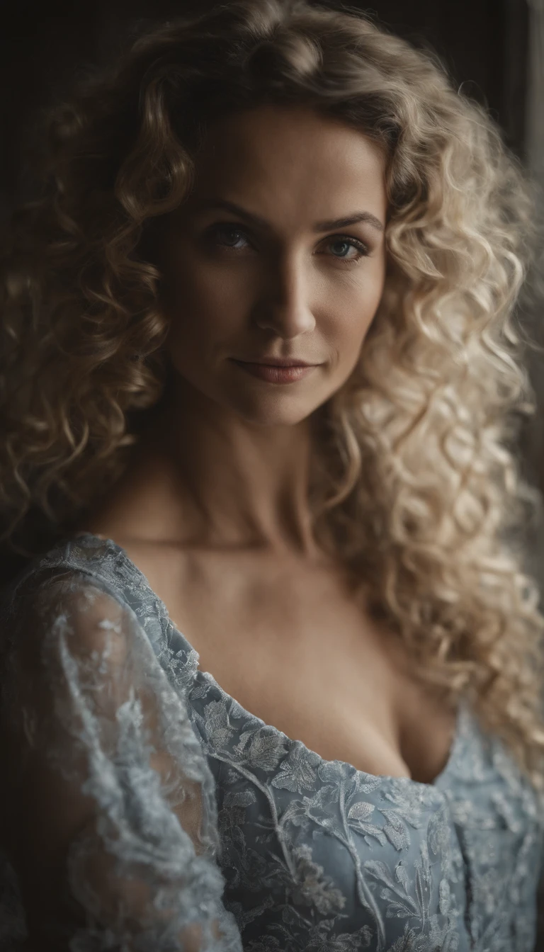 Sensual photo essay white woman curly hair, , foto em estudio , foto realista , luz criativa, copo inteiro , odalisca , vestido azul , good hands, retrato realista, textura de pele, real. sharp photo