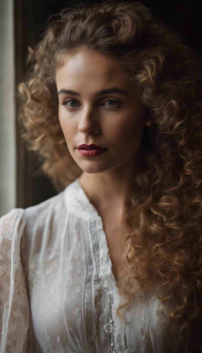 Sensual photo essay white woman curly hair, , foto em estudio , foto realista , luz criativa, copo inteiro , odalisca , vestido azul , good hands, retrato realista, textura de pele, real. sharp photo