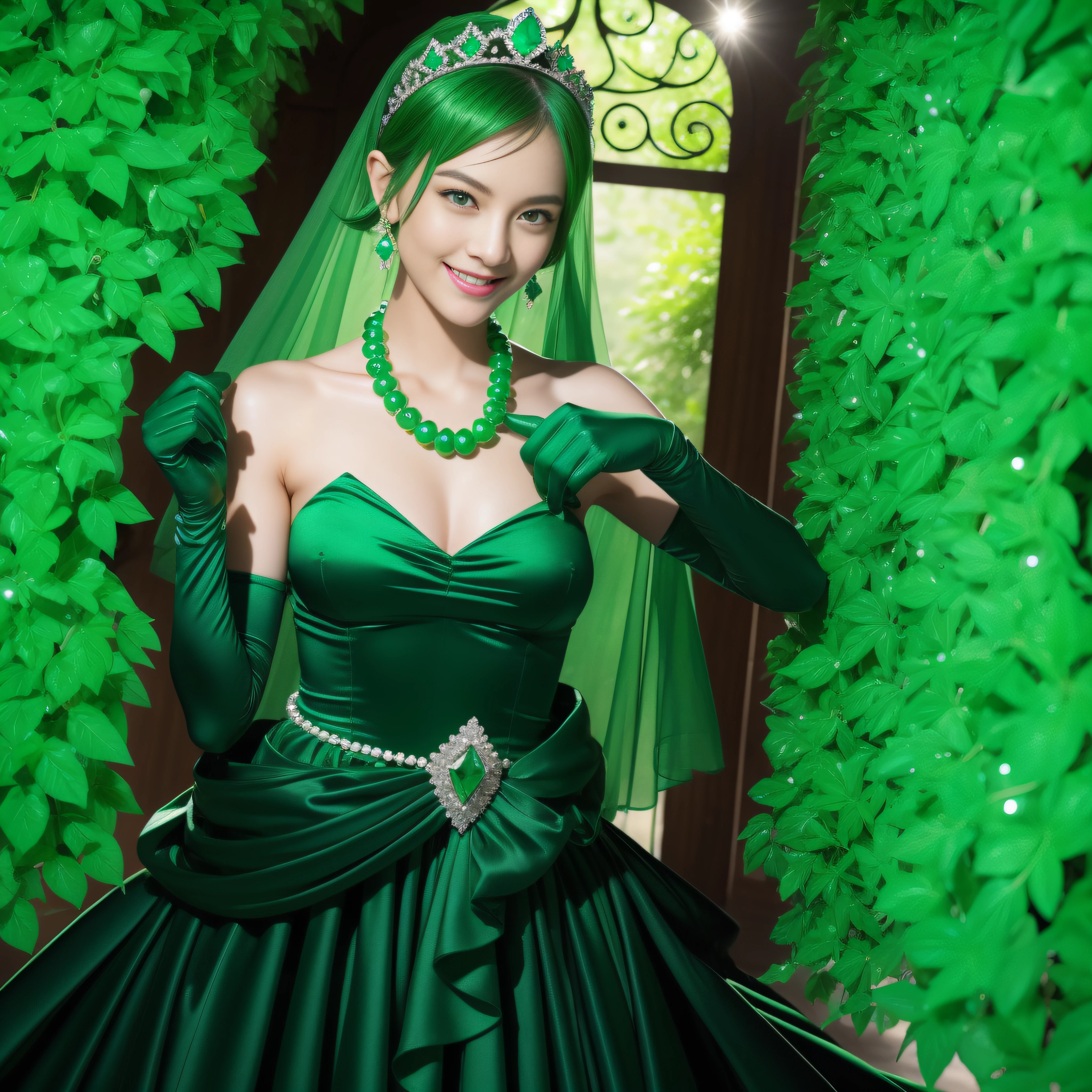 emerald tiara, Green Pearl Necklace, Boyish very short green hair, lipsticks, Japan woman smiling, very short short hair, fist, big breasts beautiful, Green eyes, Long green gloves made of satin material, Green eyes, Emerald Earrings