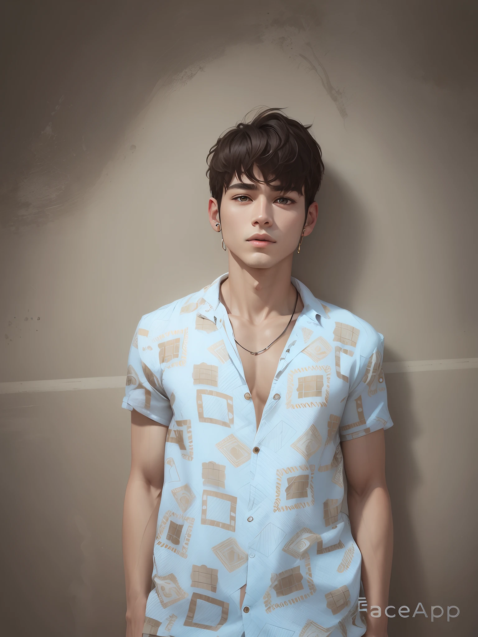 Cute harestyle, stylish shirt, cute boy, ultra realistic, ear rings, normal background