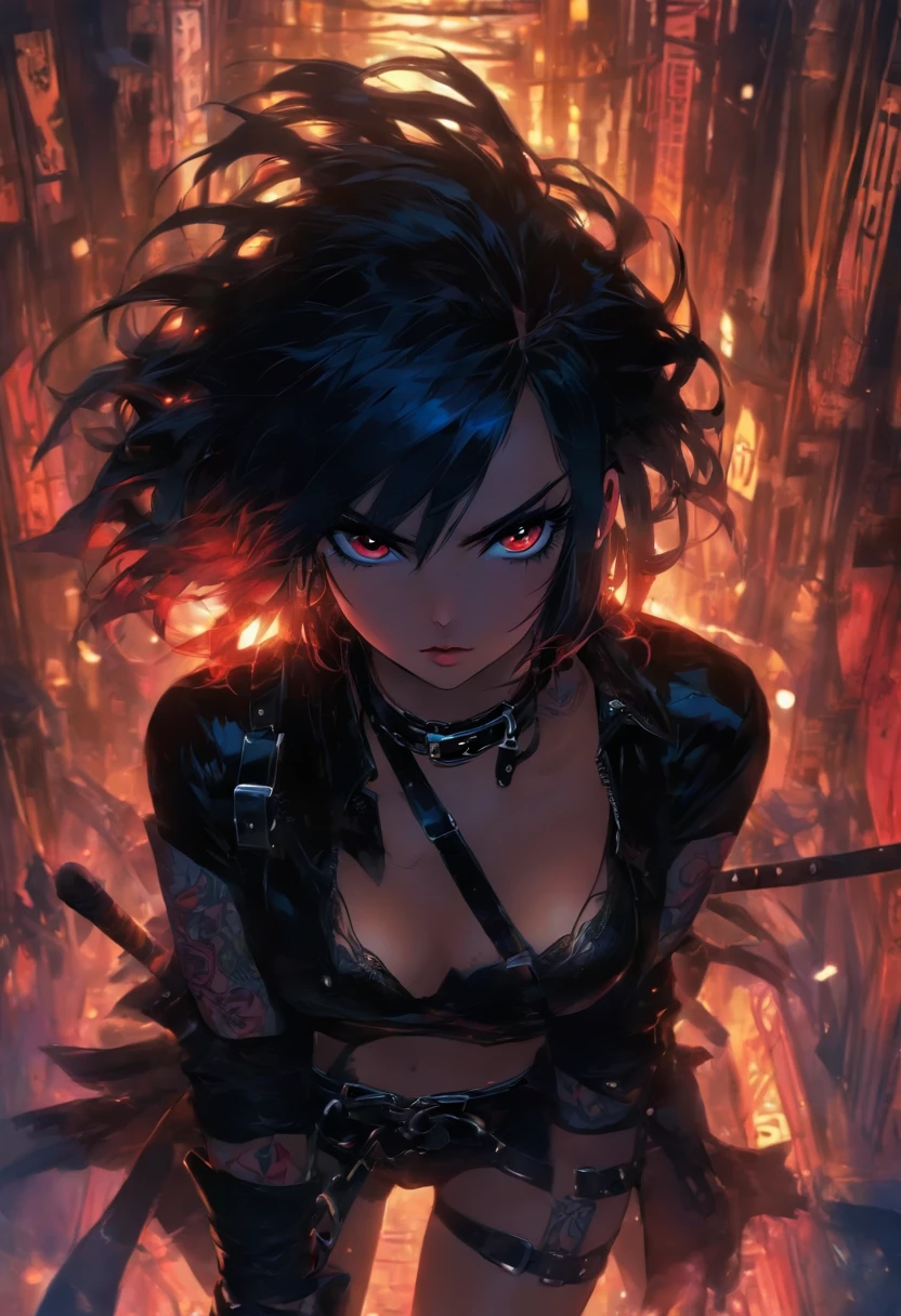 beautiful cute girl, BDSM, leather collar, harness, sword belt, wide thighs, Narrow waist, lush black hair, Bright make-up, An evil expression on his face, the night, sexy and nude, Belts & Leather, Tatoo