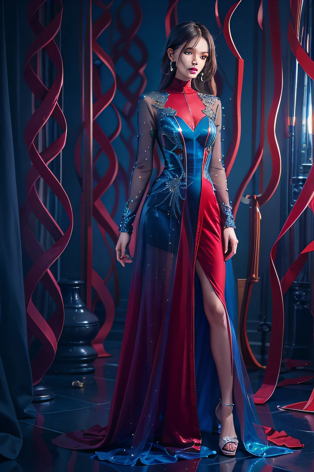 Supermodel in Haute Couture Dress, red velvet and blue transparent polyethylene, Dress model, in full height, Neo-Futurism style, ultradetail, The texture of the fabric, studio lightning, Professional photo, tmasterpiece, Elegantly, Professional photo, The concept of the dress