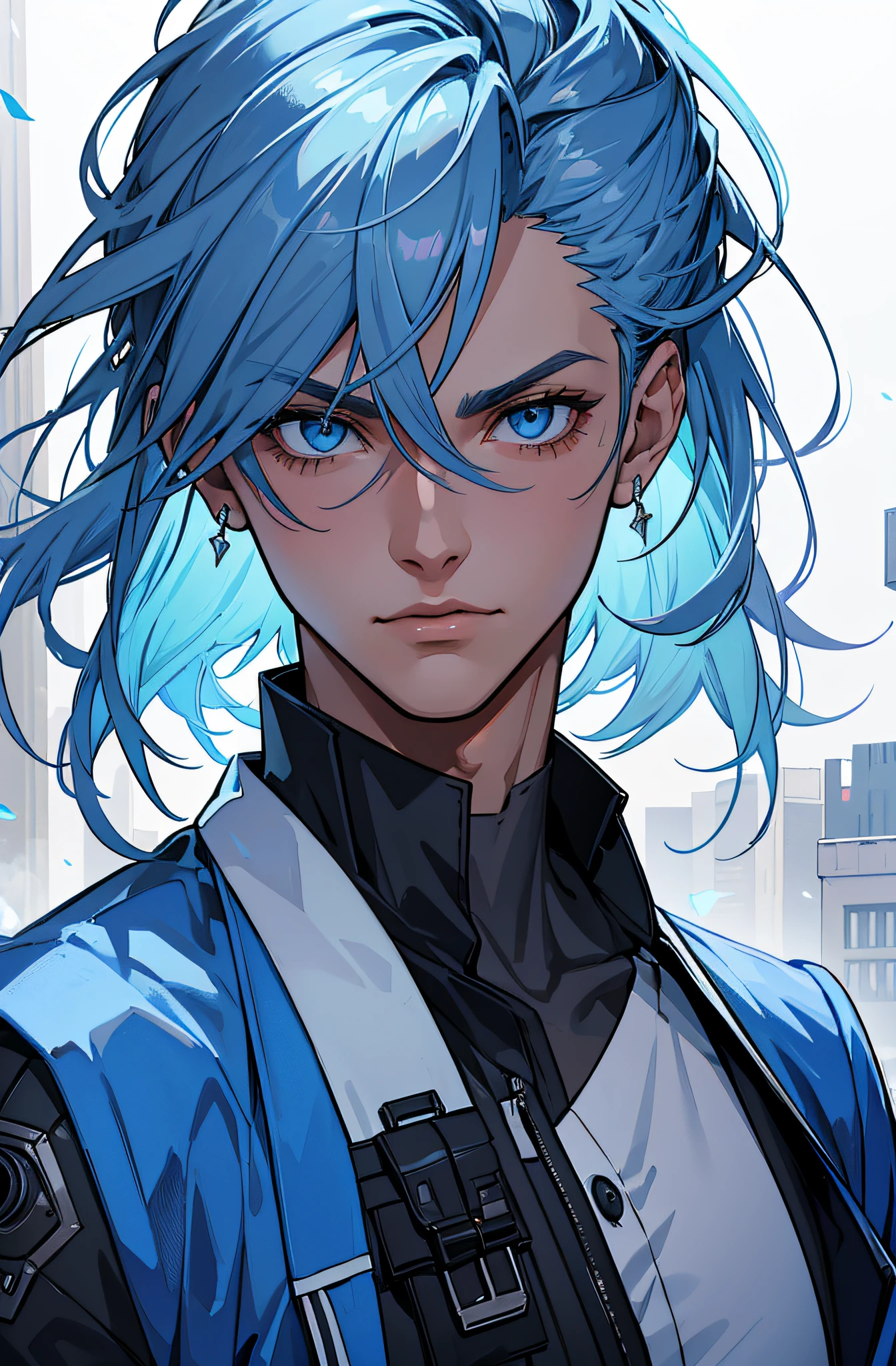 Blau-lila Stil, Ich schaue dich an, Gute Augen, Unordentliches Haar, Gebrochenes Haar, Lange Haare, Ritterlichkeit, Very nice digital cyberpunk artwork, male focus, stattlich, Heldenhaft und frech, Handsome man, He wears a blue and white kimono, langes Schwert auf der Schulter, Ritterlicher Stil, Hochwertige Detaildarstellung, verschwommener Hintergrund und weiches Licht setzen sich ab, Shooting on the middle side, Mittlere Seitenperspektive, Musterdekorationen und Accessoires, Gebrochene Blumen und fliegende Blumen, Dichter Nebel umgeben, Light and shadow changes extremely exquisite. 4k-Hintergrundbild im Anime-Stil.