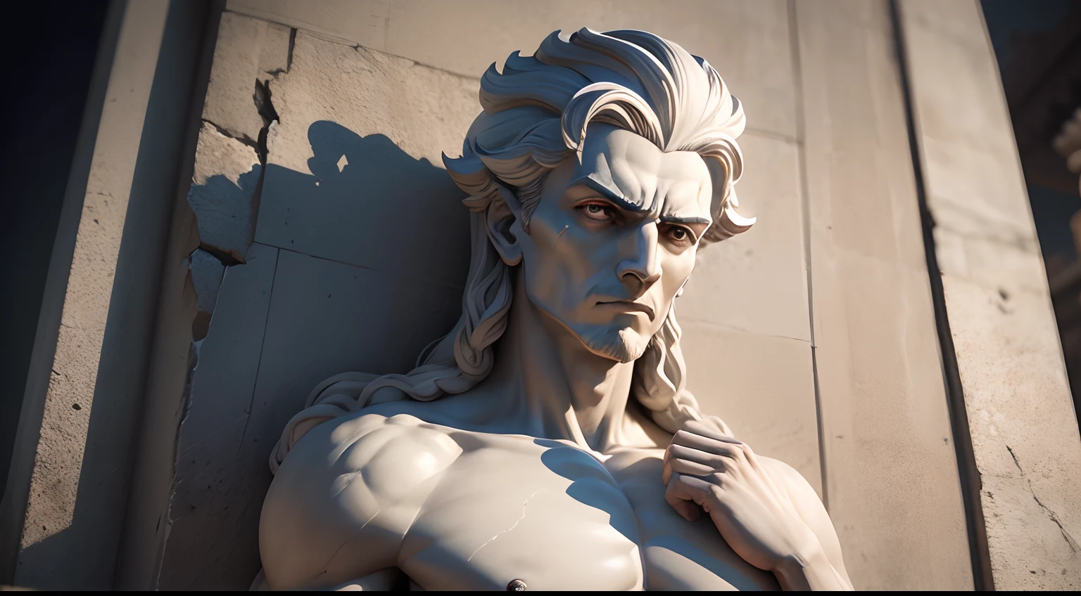 Stoic statue, with an expression of anger, usando manto e tunica longo sobre todo o corpo, rosto definido, Noite escura, fundo grego antigo do templo, 35 mm, lateralmente, Filmado em Sony A7S III com Sony FE 35mm f/1.8, 12.1 MP, --AR 3:2 --estilo cru