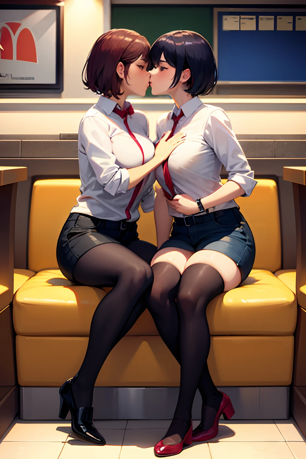 Beautiful lesbian women kissing at a Mc Donald's,  full body