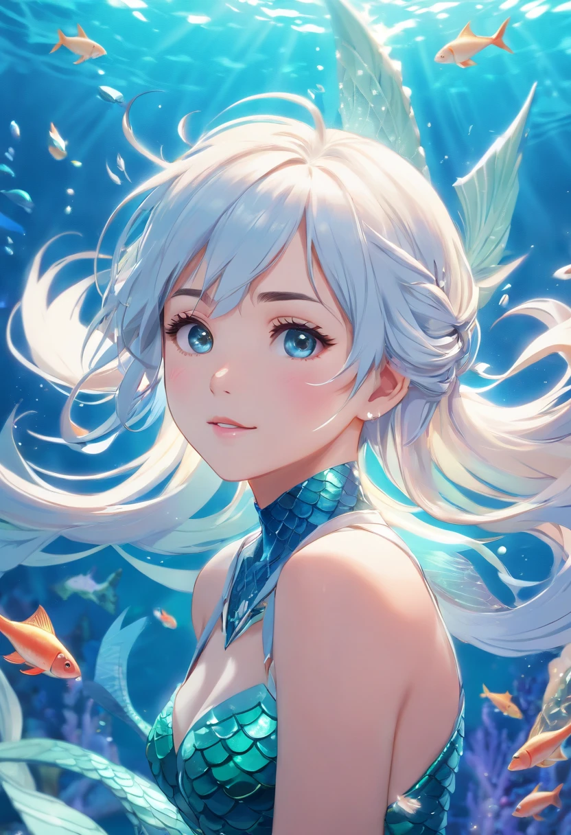(realistic:1.37),3D rendering,mermaid,white hair,pierced by arrows,detailed face,detailed fish tail,detailed ocean background,vivid colors,lighting effects