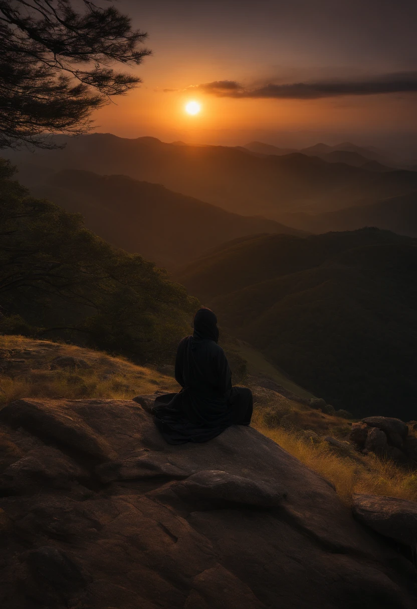 ninja de frente, meditando no topo da montanha, espada, roupa preta, Sunrise behind the ninja, hiper realismo