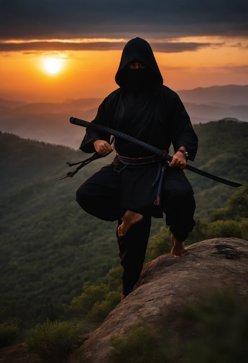 ninja de frente, meditando no topo da montanha, espada, roupa preta, Sunrise behind the ninja, hiper realismo